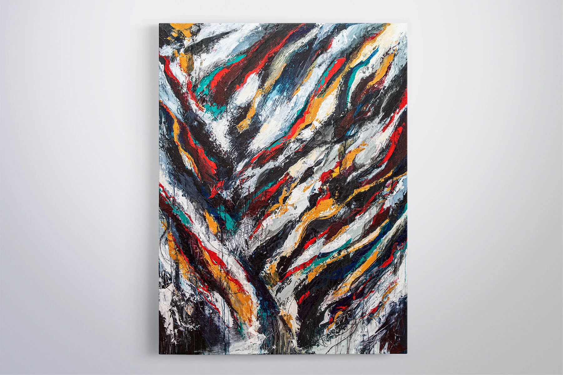   Scattered  Acrylic, paint markers &amp; charcoal on wood panel, 36" x 48", 2018 