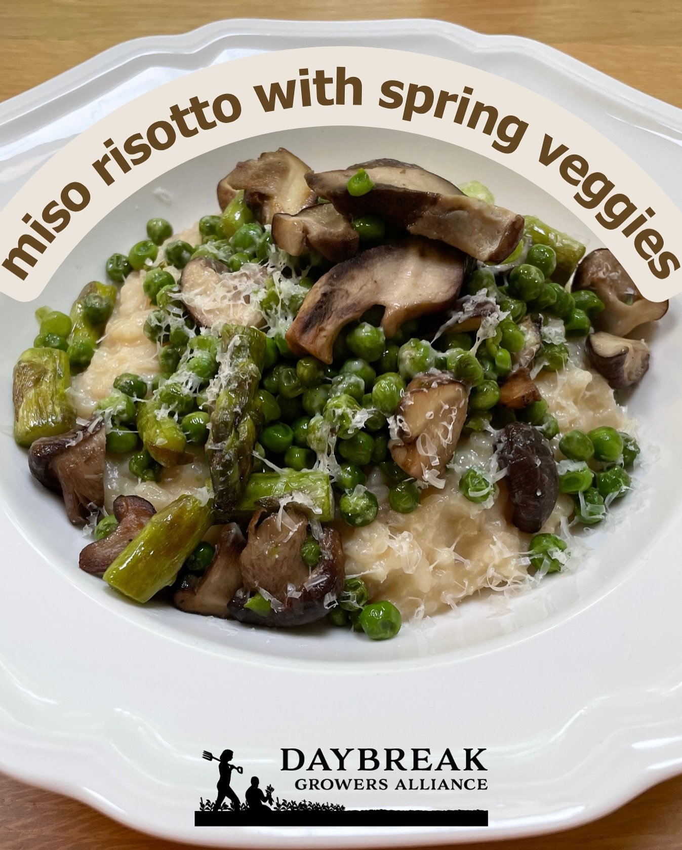 Farmbox Recipe: Miso Risotto with Spring Veggies (featuring mushrooms from @wildfruitings ) This light dinner dish can easily be made with meat, or made vegan/vegetarian. Mix up the toppings with whatever is in your farmbox - like the 12oz variety of