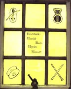 This window in the choir area names Buxtehude, Handel, Bach, Haydn, and Mozart.