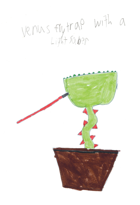  Benjamin Gruenbaum (age 9).&nbsp; Venus Flytrap with a light saber,  2008.&nbsp;Ink on paper; 11 x 8 1/2.&nbsp;Collection of Museum of Glass, Tacoma, Washington.   Venus Flytrap with a light saber  artist’s statement:  This design has come out of lo