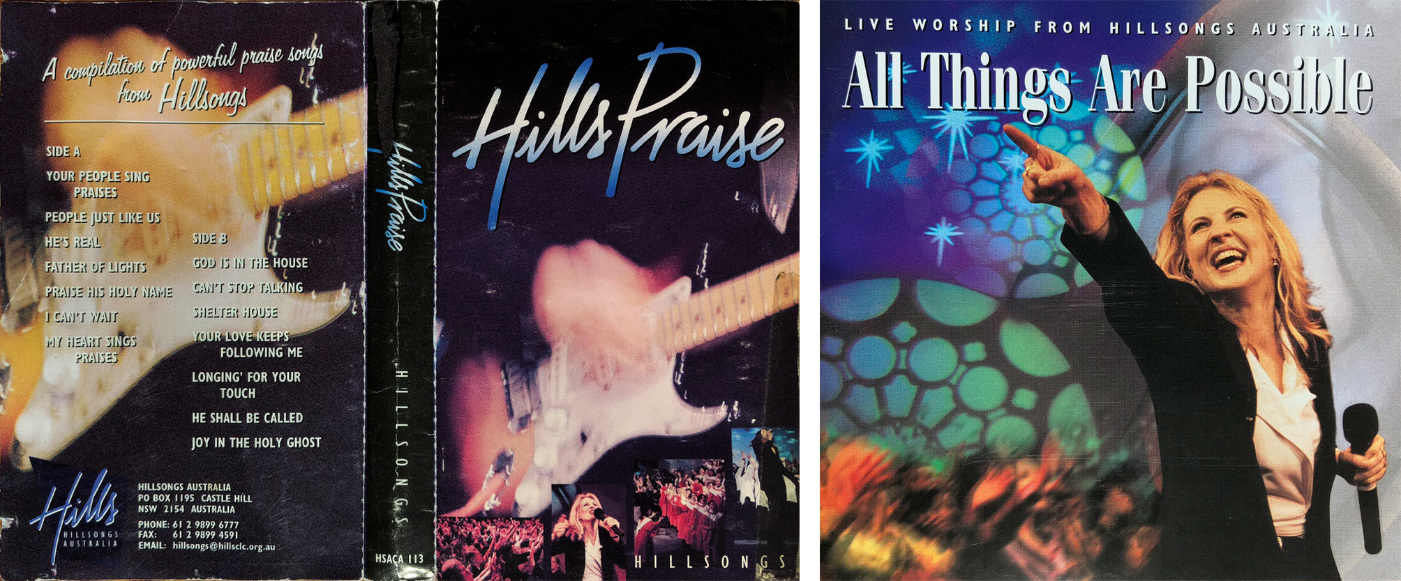 "Hills Praise" cassette album artwork and "All Things Are Possible" CD album artwork (1997)