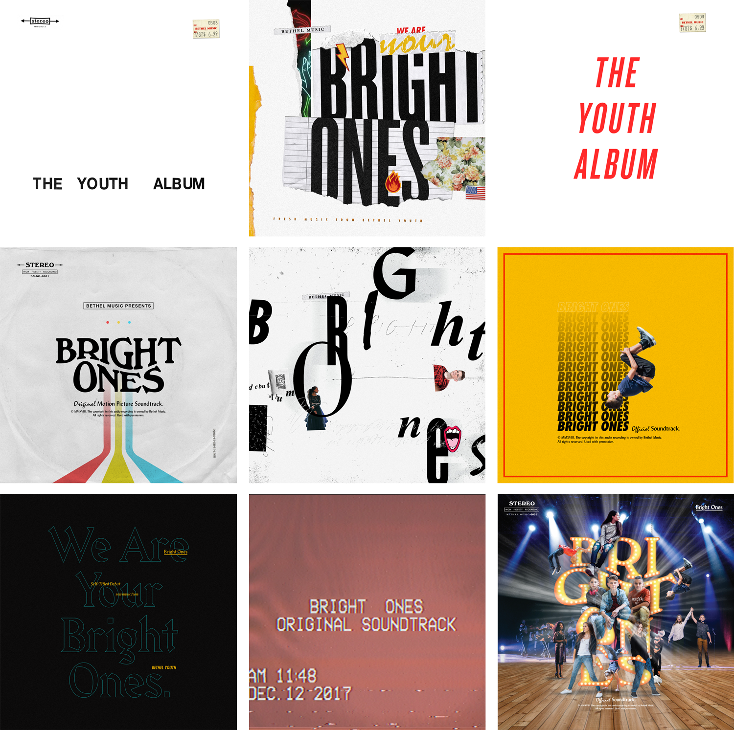 Initial art direction and concepts for the artwork of "Bright Ones" - note some of the original concepts use our first album title "The Youth Album".