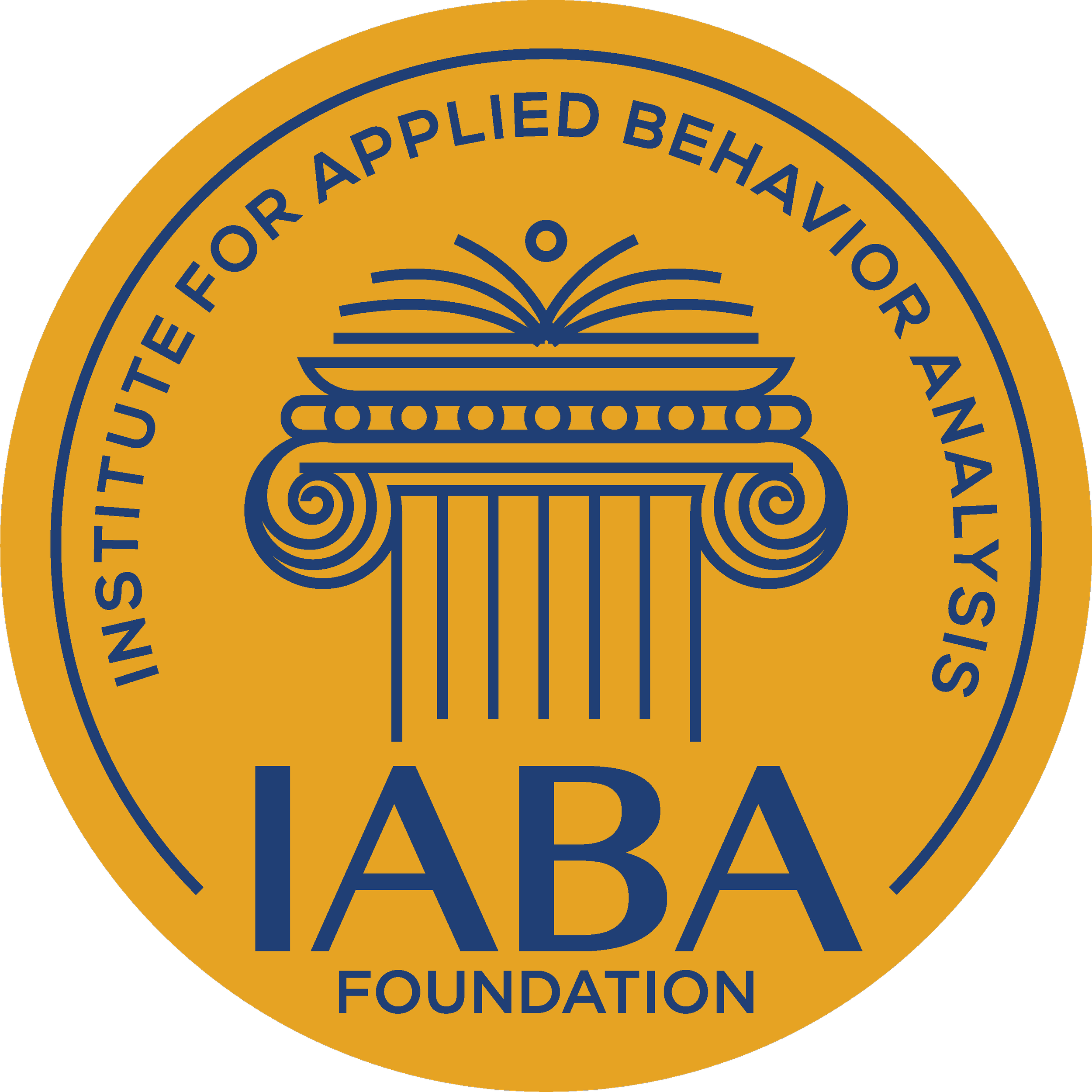 Close-up of a circular emblem with a gold background and blue textwhich is the logo of the Institute of Behavior Analysis Research and Edcuation Foundation Logo.