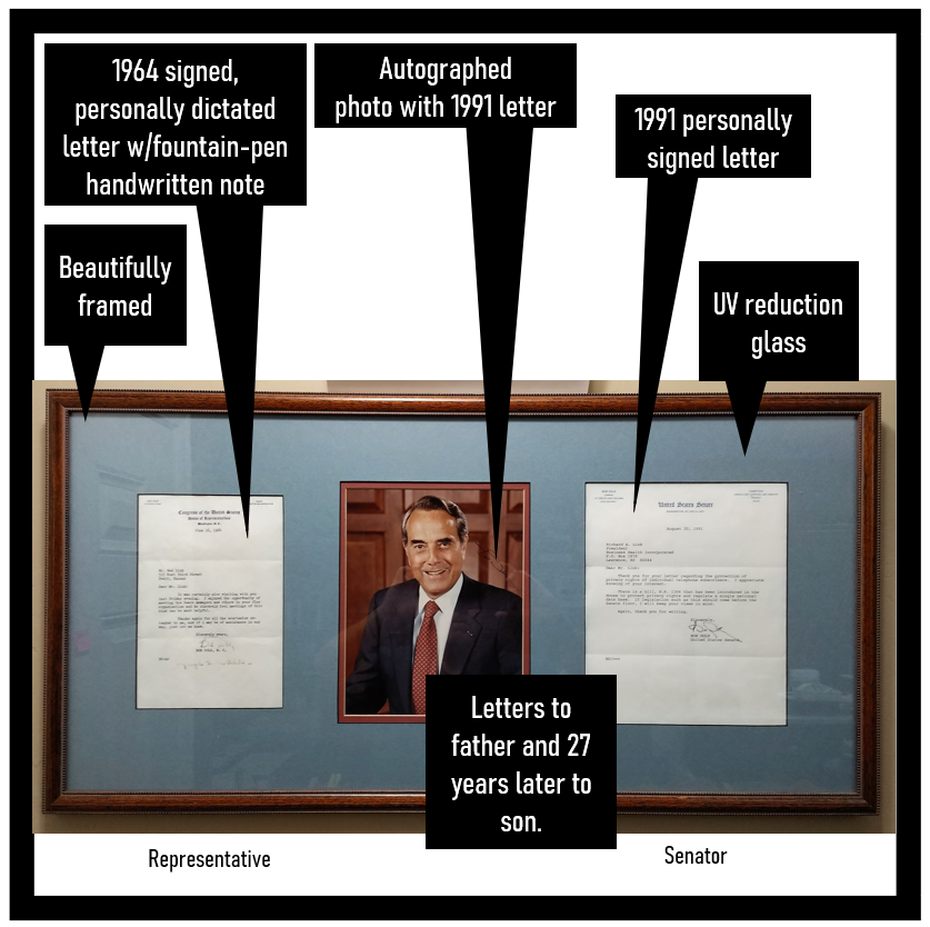 Bob Dole framed, 1964 and 1991 signed letters as representative and senator including personal inscription and autographed photo