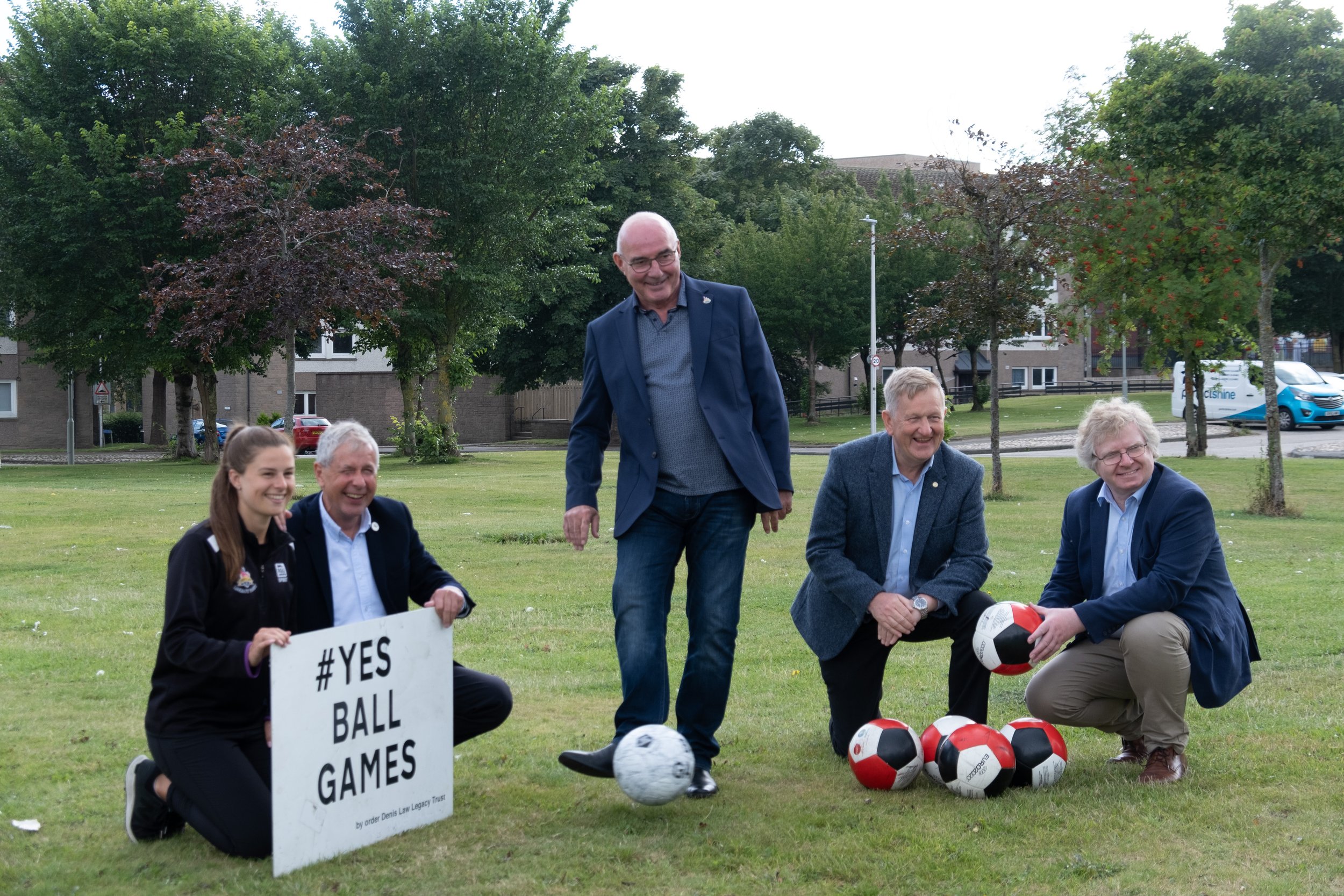 Kiana Coutts, Streetsport Outreach Officer, Denis Law Legacy Trust; David Suttie, Trustee, Denis Law Legacy Trust; Willie Miller; Alex Nicoll, ACC Co-Leader; Ian Yuill, ACC Co-Leader