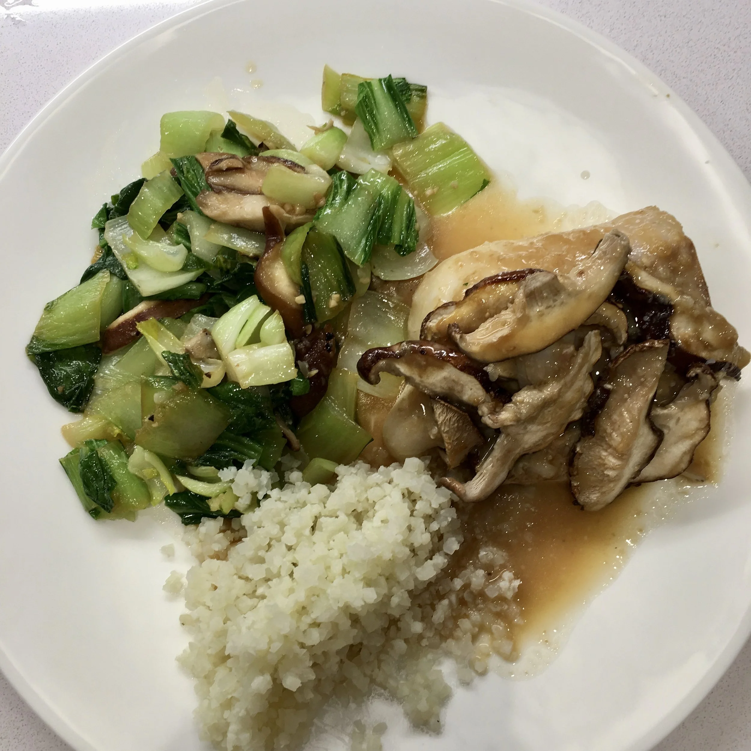 Roasted Miso Marinated Cod, Sautéed Baby Bok Choy, Cauliflower Rice