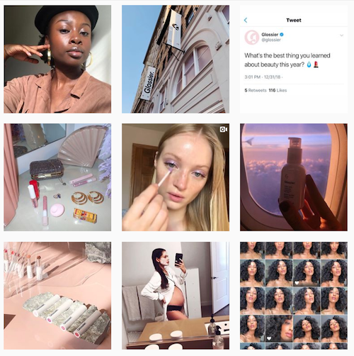 Instagram is Glossier's #1 platform and the heart of their "retail-tainment" social strategy. They receive 5 customer direct messages per minute. And they proudly showcase how their customers really use their products.