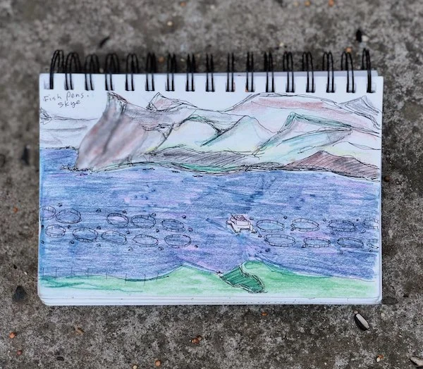 Fish pens off the coast of the Isle of Skye; drawing by Britt Stromberg