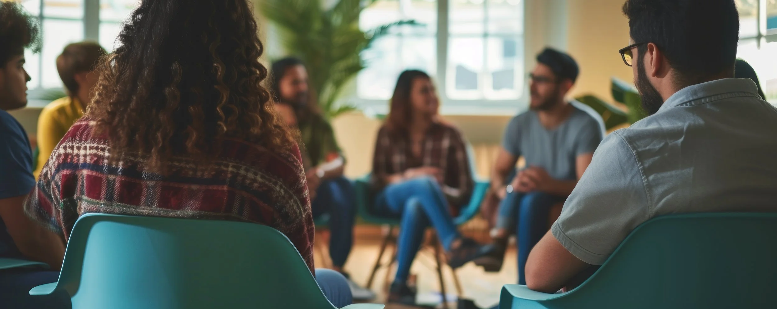 A group of diverse people sitting in a circle having a discussion in a bright room with large windows and plants.