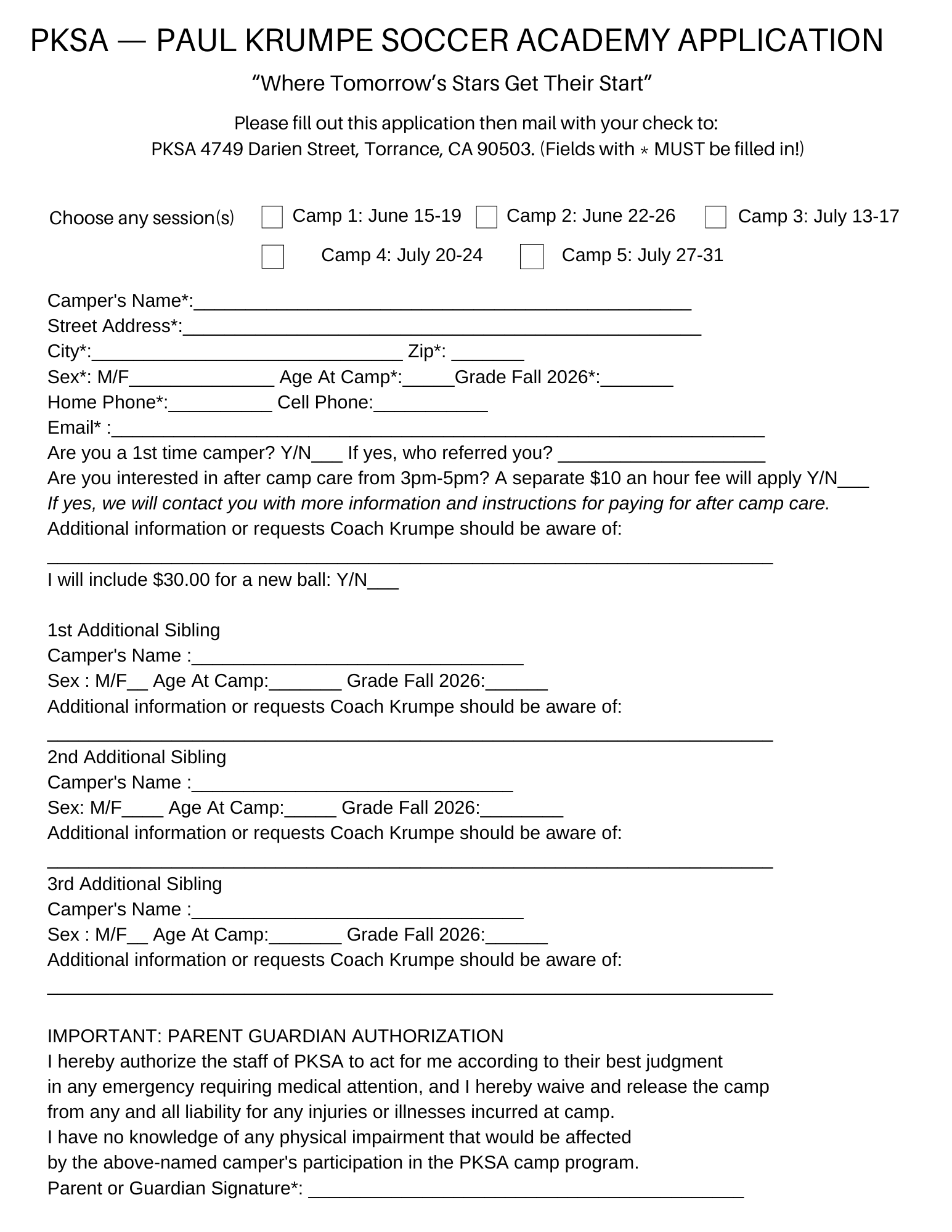 2026 PKSA Summer Camp Flyer Back