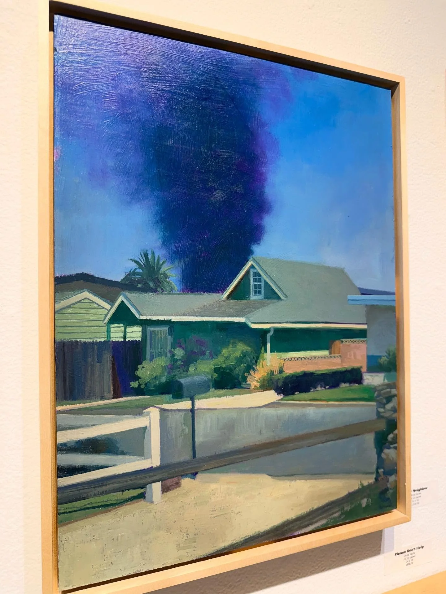 All of the little details are what make @olivia_stude paintings work. Fence lines, windows, the shape of bricks, all bring into focus the story being told. There is a bit of Lynchian suburban nightmare for sure but there is also a playfulness. 
F Thy