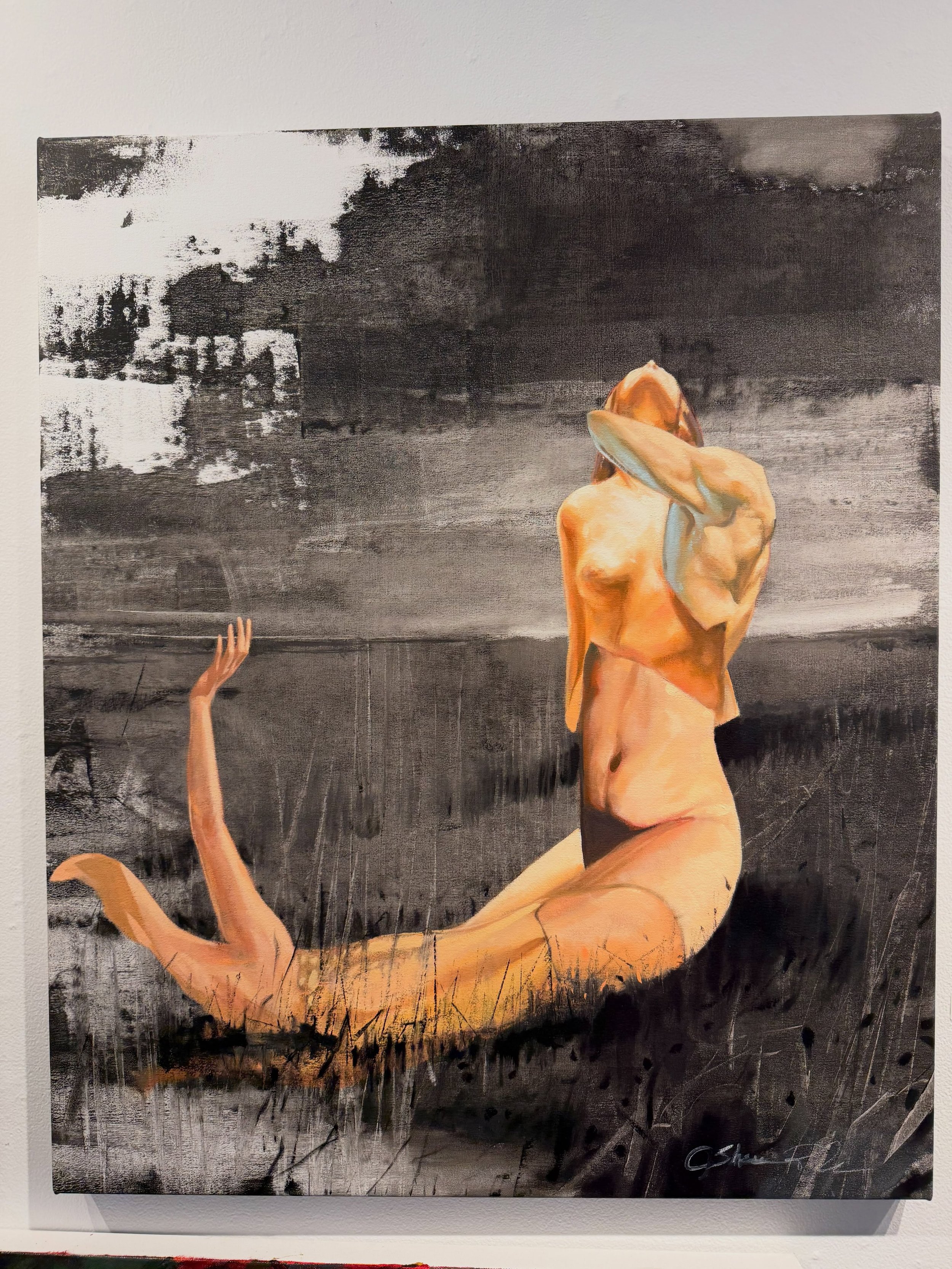 @shaundrichards just got back from the prestigious residency Le Charbonnage in Belgium. He was kind enough to hop right in to a new painting for our anniversary show. His work fascinates me. There is the melding of body. Neither totally male or femal
