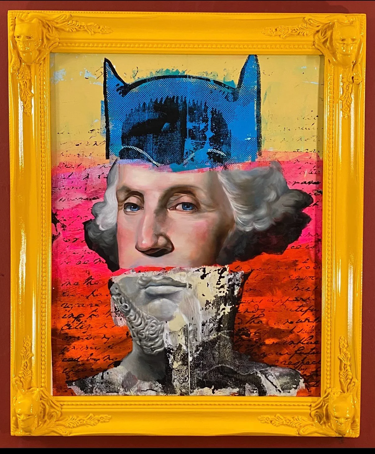 Look what just arrived from @pathobaugh2284 !!! Our 17th anniversary show and Dirty Linen Night opens this Saturday!!! Pre sales start tomorrow!

Cincinnatus oil on panel 25x20 (framed)
The painting shows Batman, Washington, and a classic bust of Cin