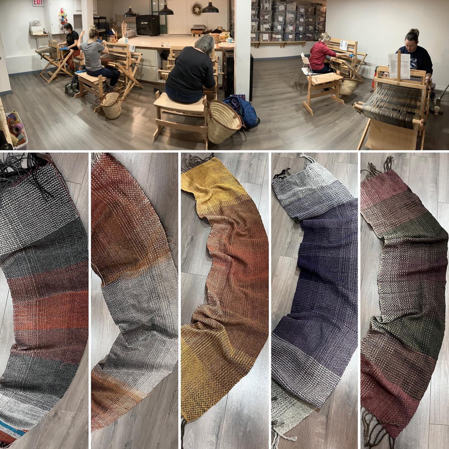 A fabulous day of weaving at @eweknitto 
These wonderful beginner weavers wove and designed an 80&rdquo; long wool shawl in an Ombr&eacute; pattern. 
They learned how to hold and throw a shuttle, weave a two shuttle pattern, treadle broken twill, mai