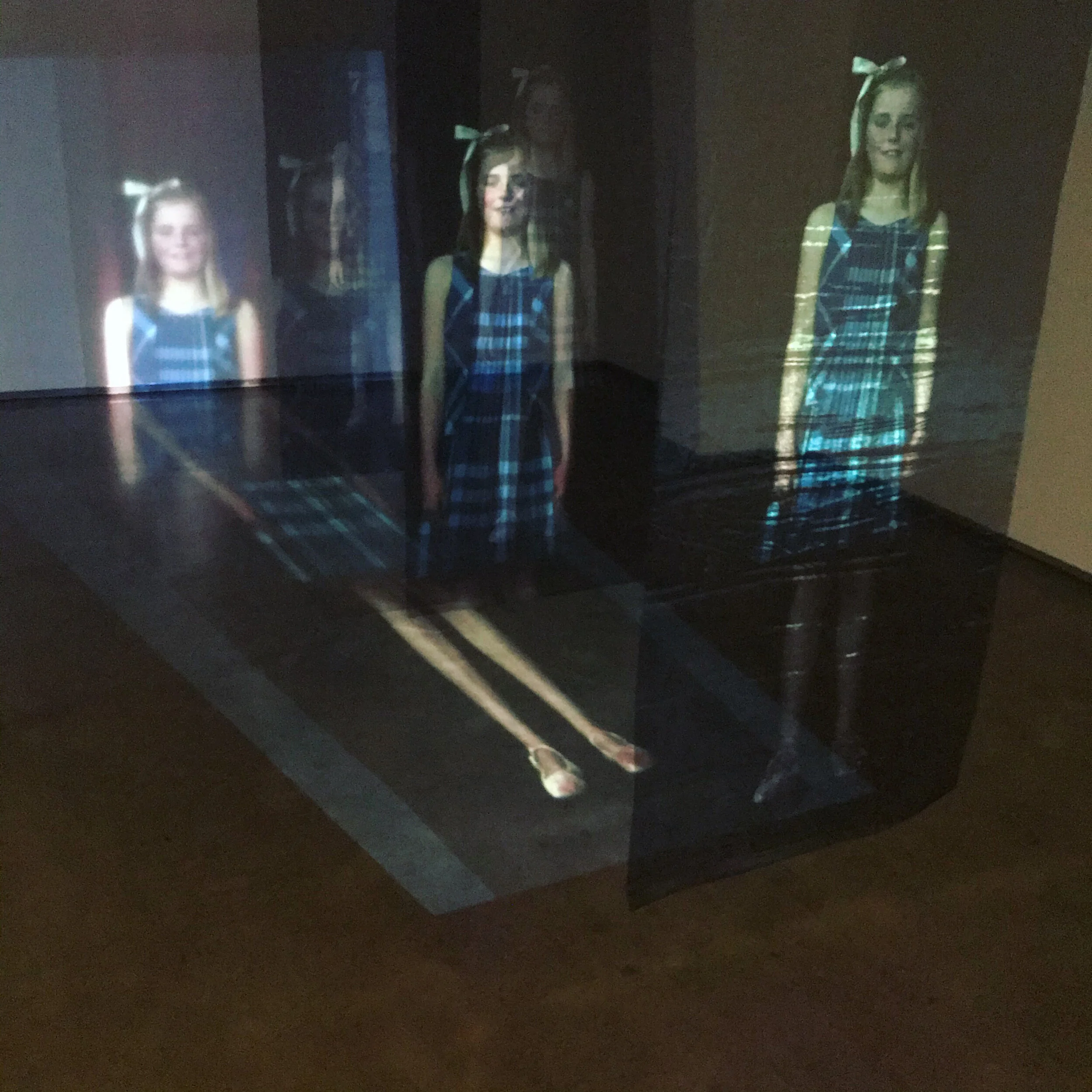 Installation view of  Timestables Girl  video installation video projection on photographs on silk organza 2020