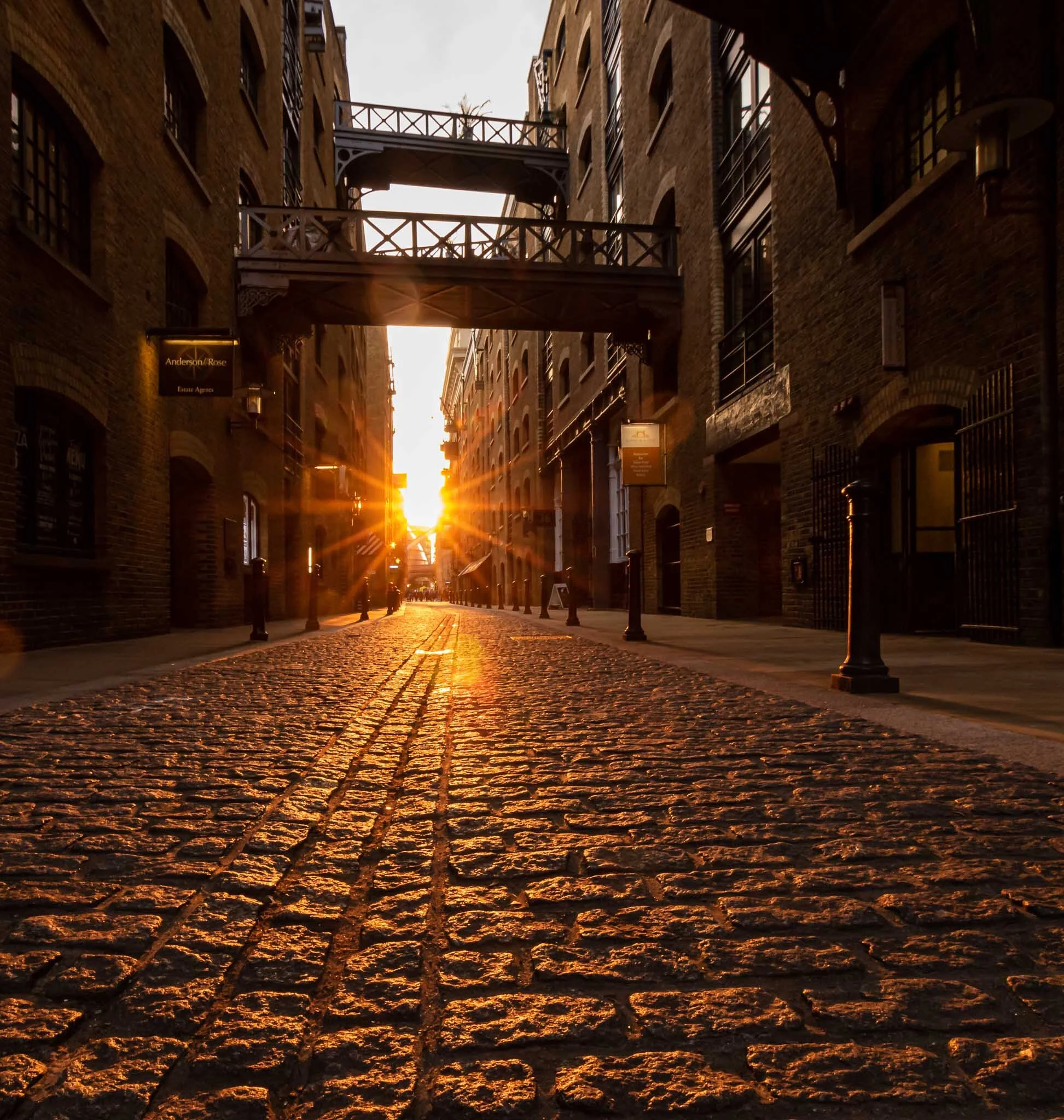 London Cobbled Street at Sunset