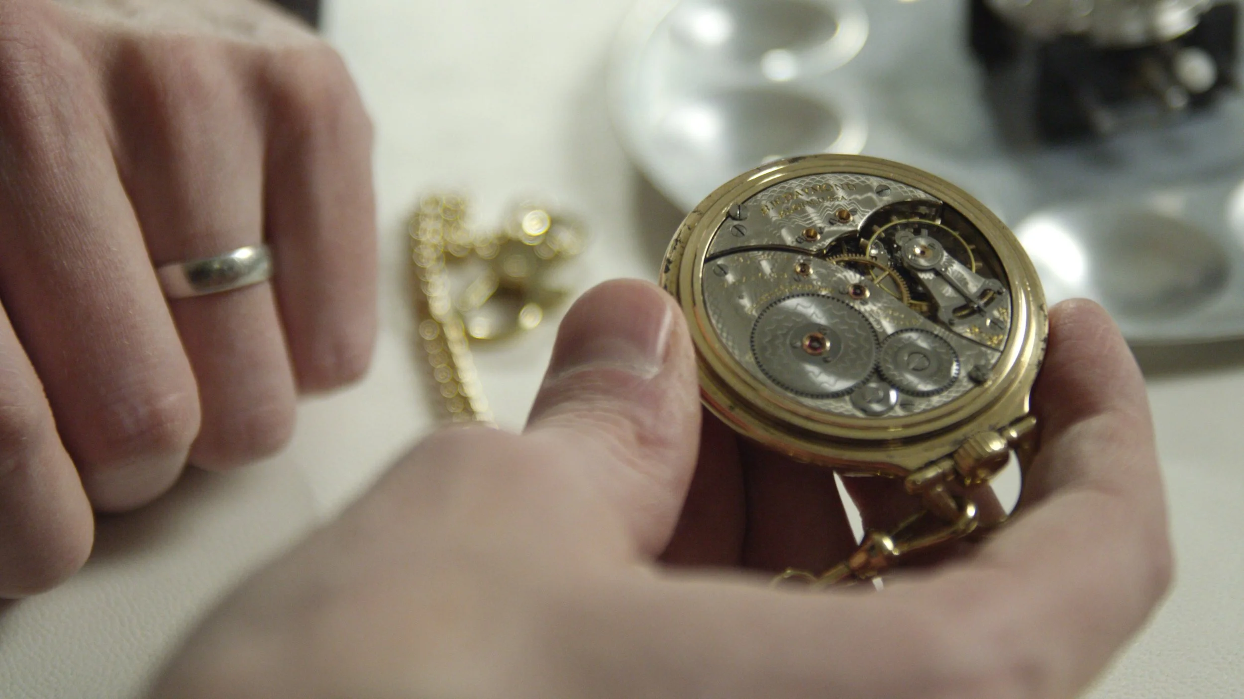 The exquisite damaskeening finishing on the Elgin railroad grade "B.W. Raymond" movement.