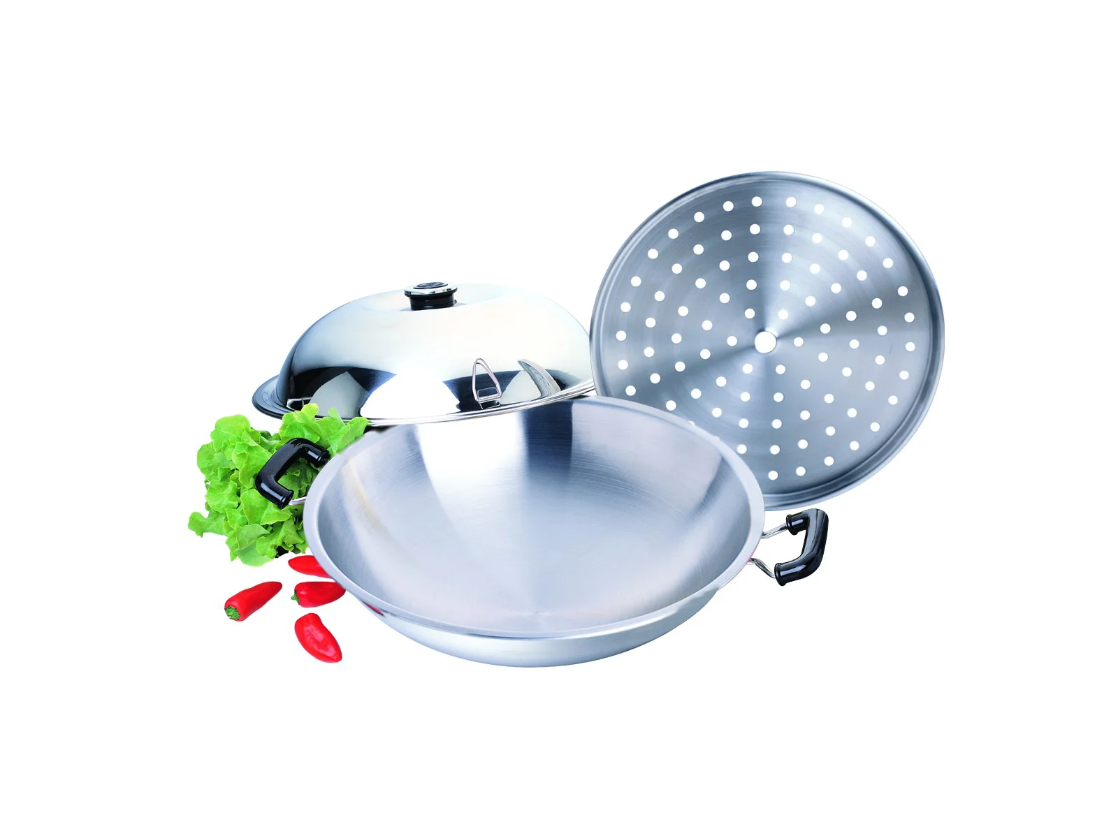 5 Ply Chinese Wok W/Lid & Steaming Plate 