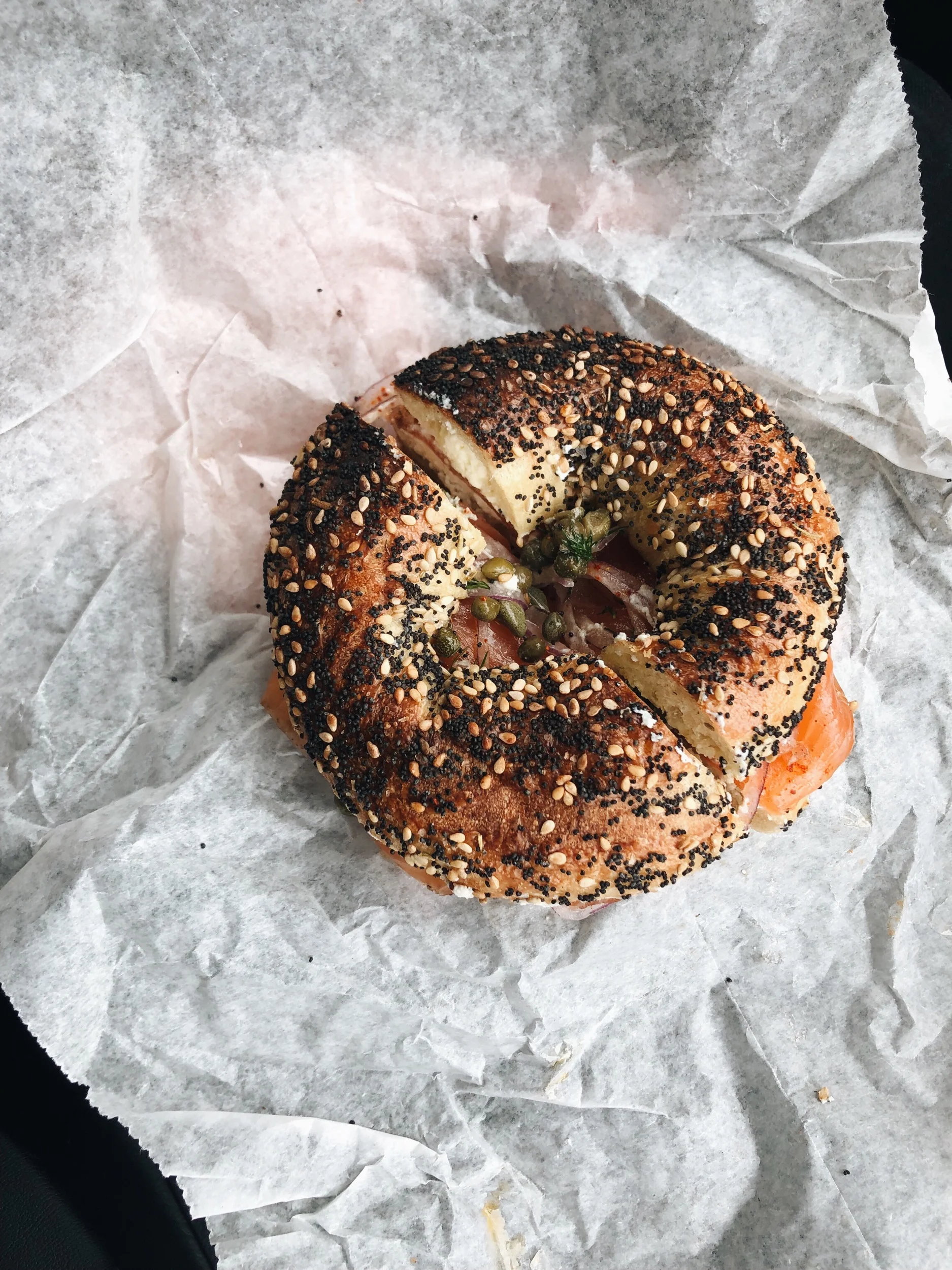 Traditional bagel sandwich on an everything bagel at Purple House