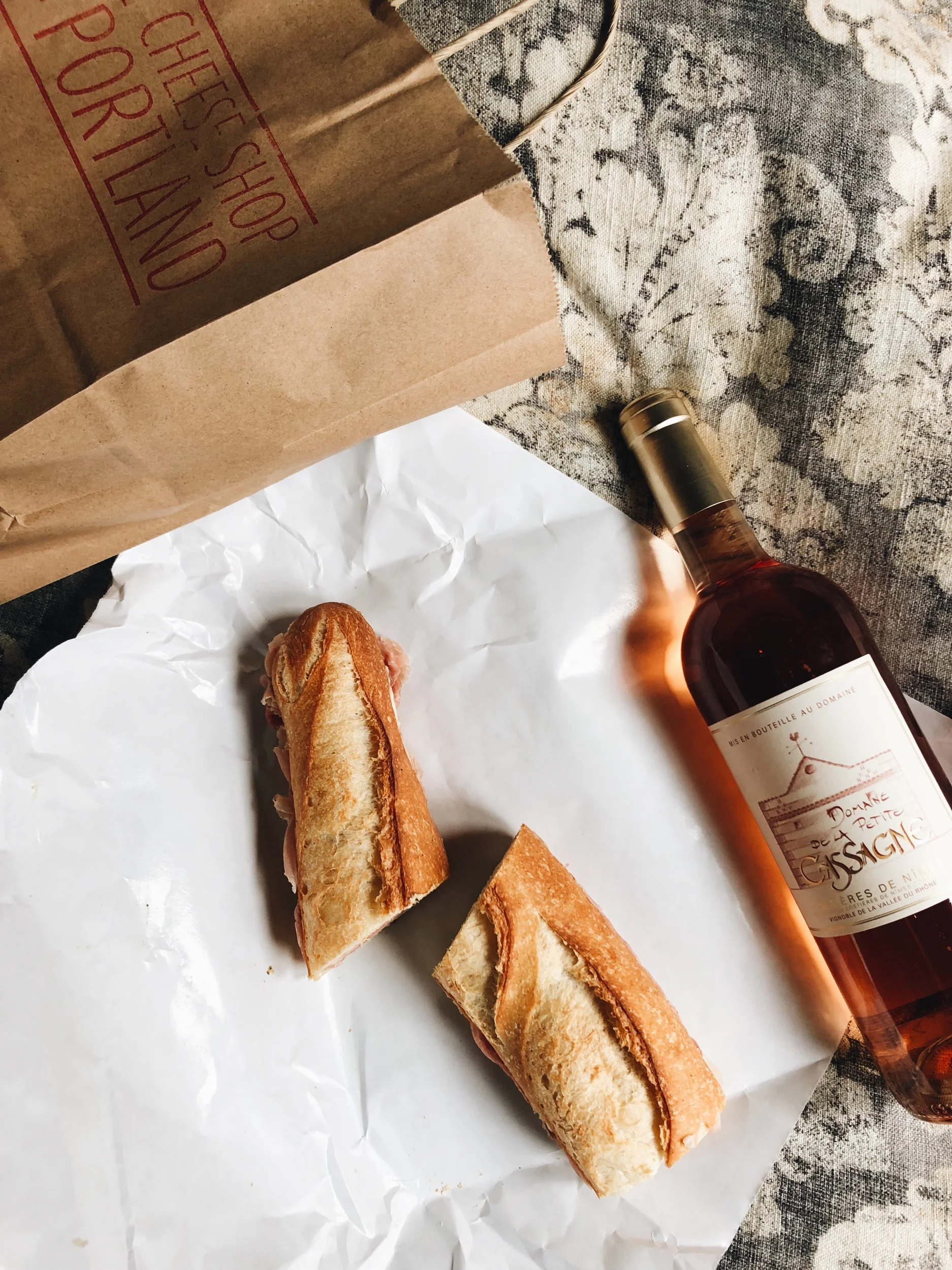 The best sandwich I’ve had in a long time: ham and butter sandwich, and a bottle of rosé from the The Cheese Shop of Portland