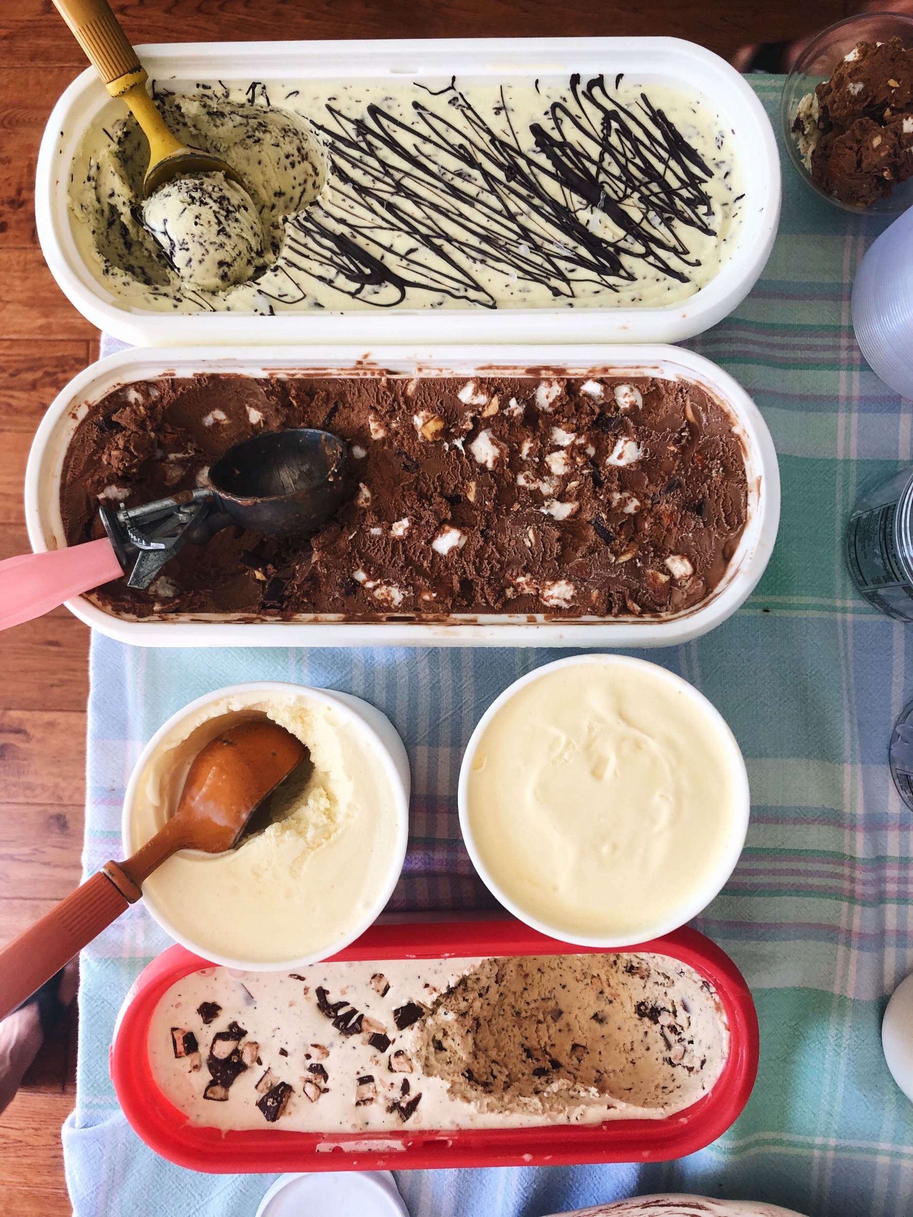 The ice cream line-up (from top to bottom): mint chocolate chip, rocky road, vanilla, coffee toffee. All stored in various Tovolo containers.