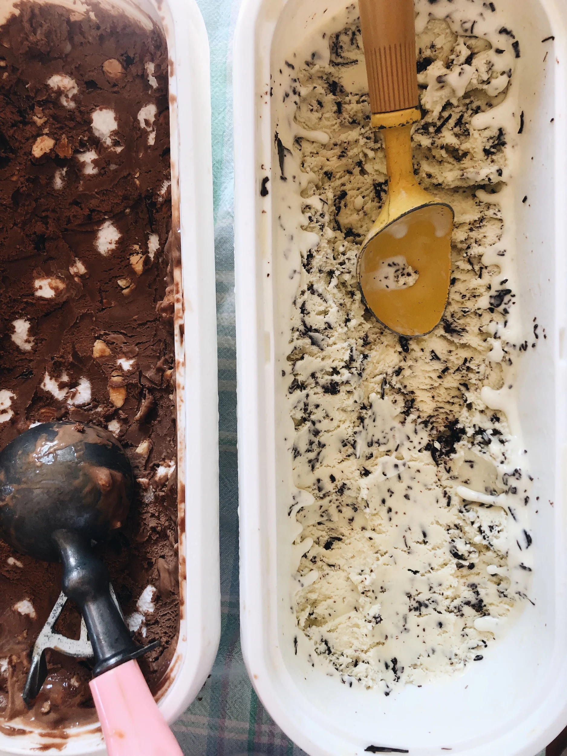 Rocky road and mint chocolate chip ice creams both in 2.5 quart-sized Tovolo containers
