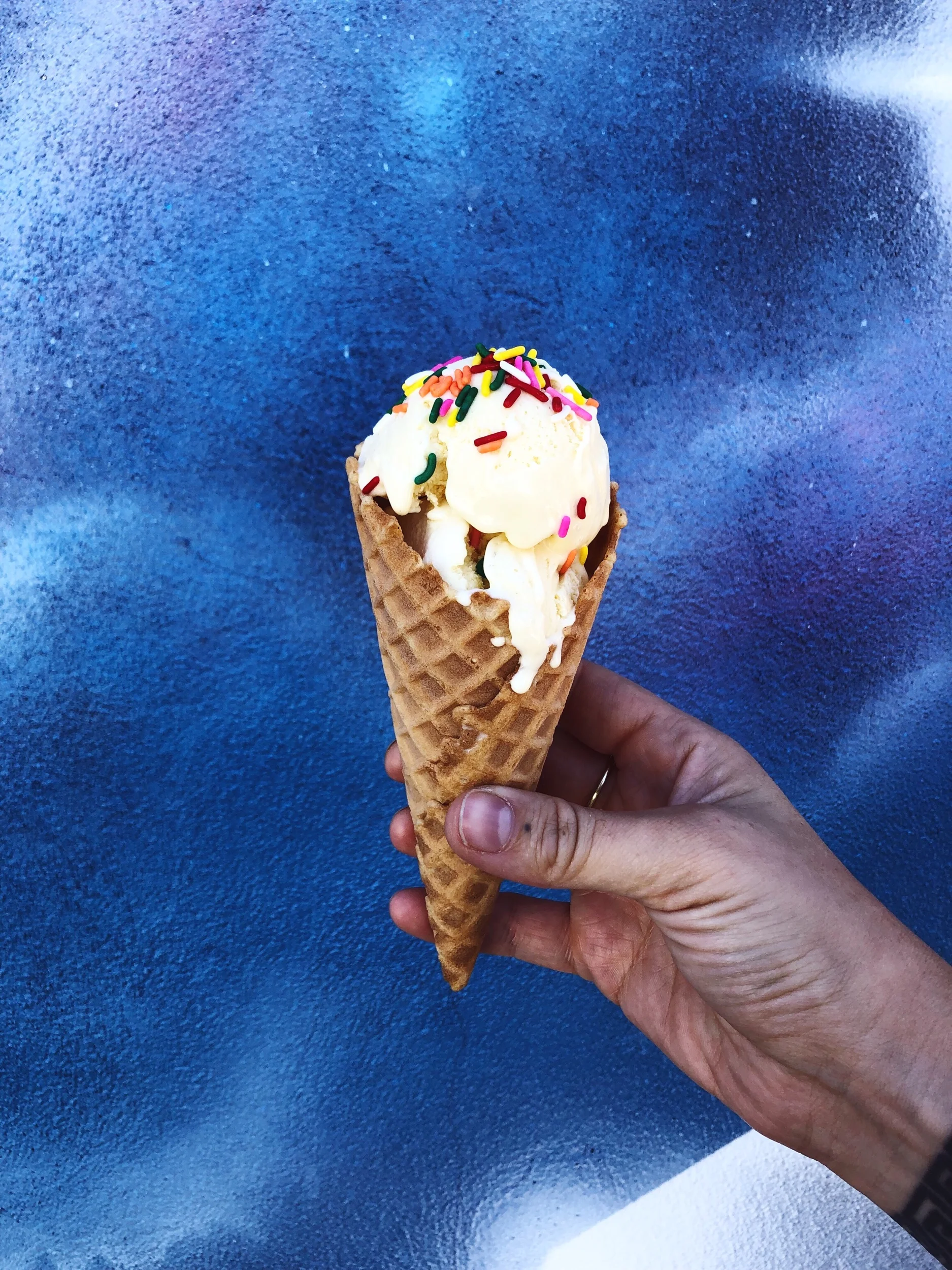 One party-goer’s ice cream creation: plain vanilla with rainbow sprinkles in a waffle cone. Classic.