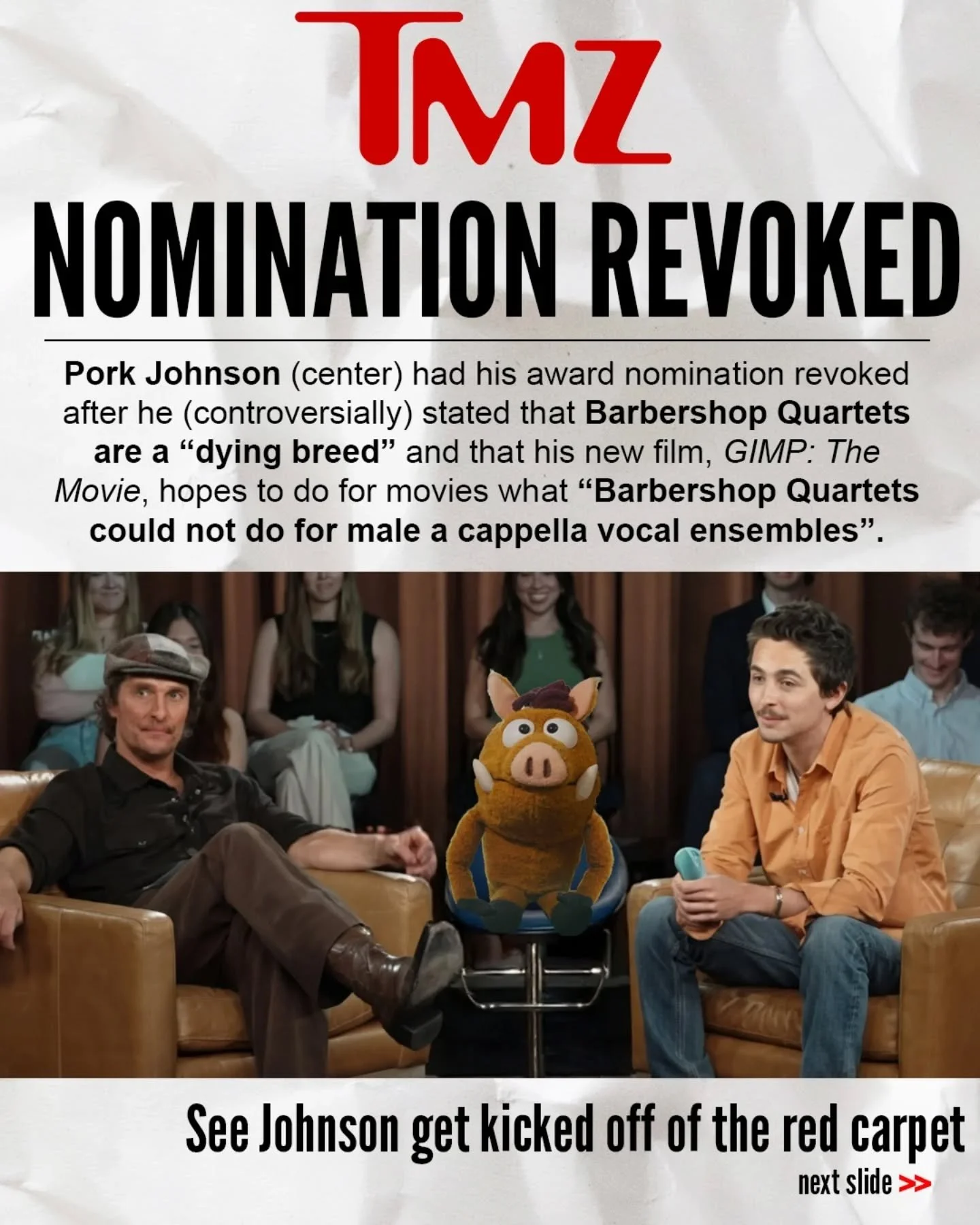 That's the last time I join an impromptu Celebrity Town Hall meeting. I'm devastated, to say the least. 

#oscars #timotheechalamet #celebrity #funny #puppet 

Was I snubbed for an Oscar for my role in GIMP: The Movie?