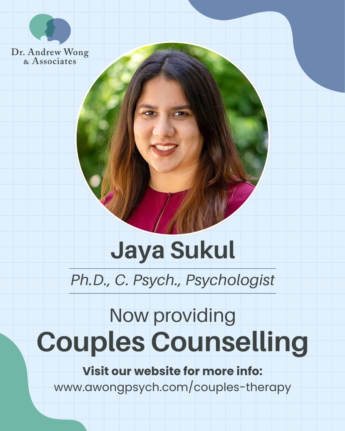 We are excited to announce that Dr. Jaya Sukul is now providing couples counselling! 👥 Visit our website and check out our brand new couples therapy page🌐

More info at the link in bio🔗