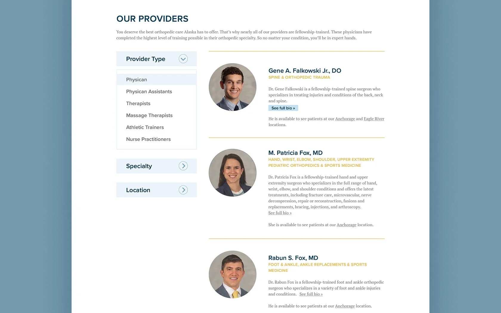 Anchorage Orthopedic Clinic Providers