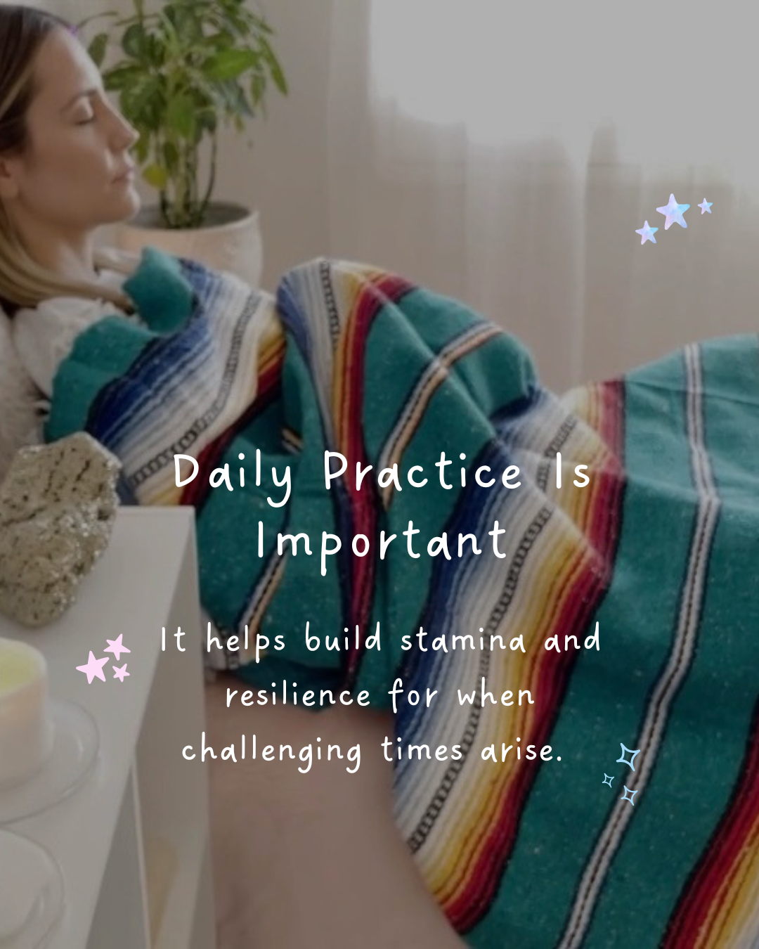 Woman practicing self-Reiki while wrapped in a striped serape blanket, illustrating the importance of daily Reiki practice