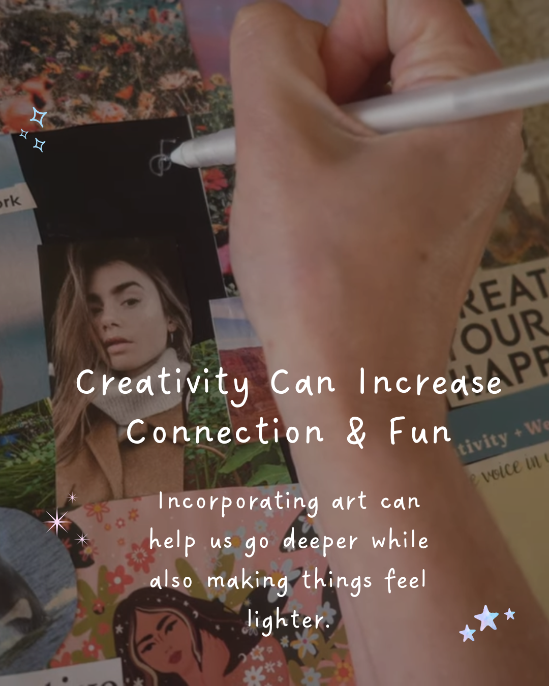 Hand drawing a Reiki symbol on a creative vision board collage, illustrating the lesson that creativity can increase connection and fun
