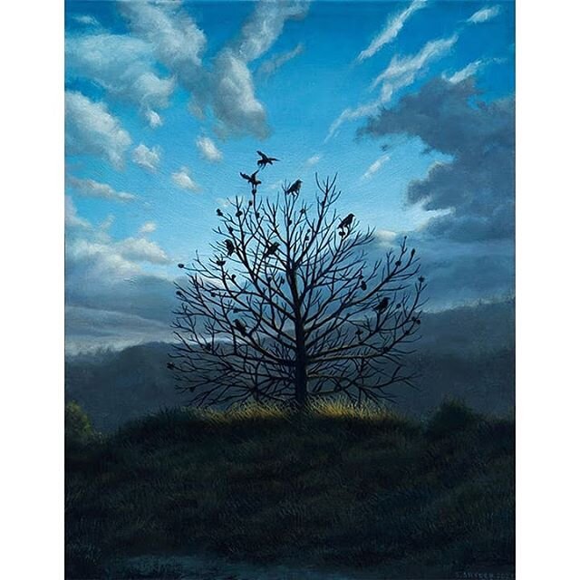 &quot;Outpost&quot;, 14x18&quot;, oil on panel. Now available in &quot;Our Nature&quot; show at link in my bio. A swirling sky at the end of the day and a meeting of the wise ones in the tree on the ridge. The minutes of the meeting are unknown but i