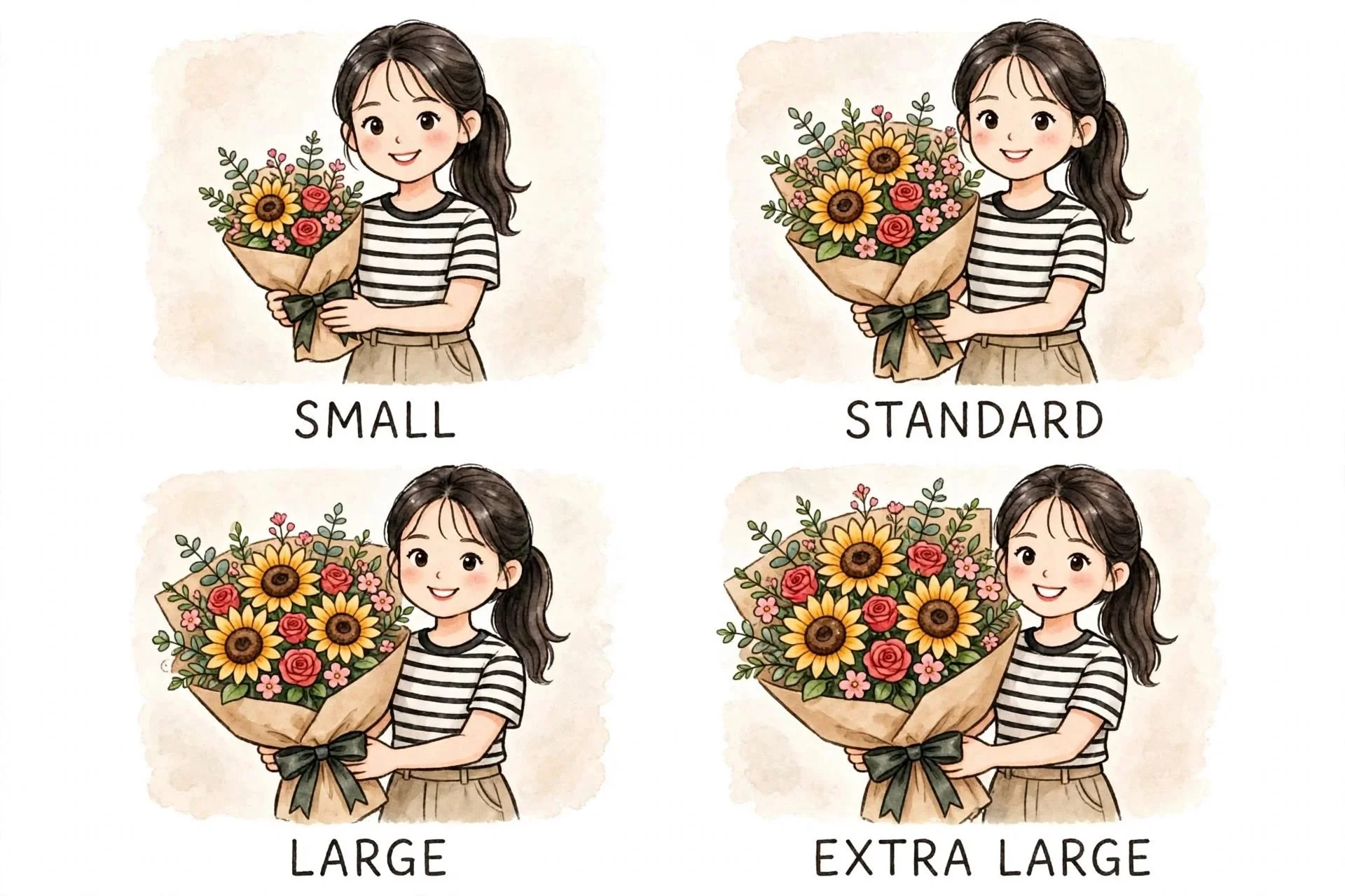 Illustration of a girl holding a bouquet of flowers in four different sizes: small, standard, large, and extra large.