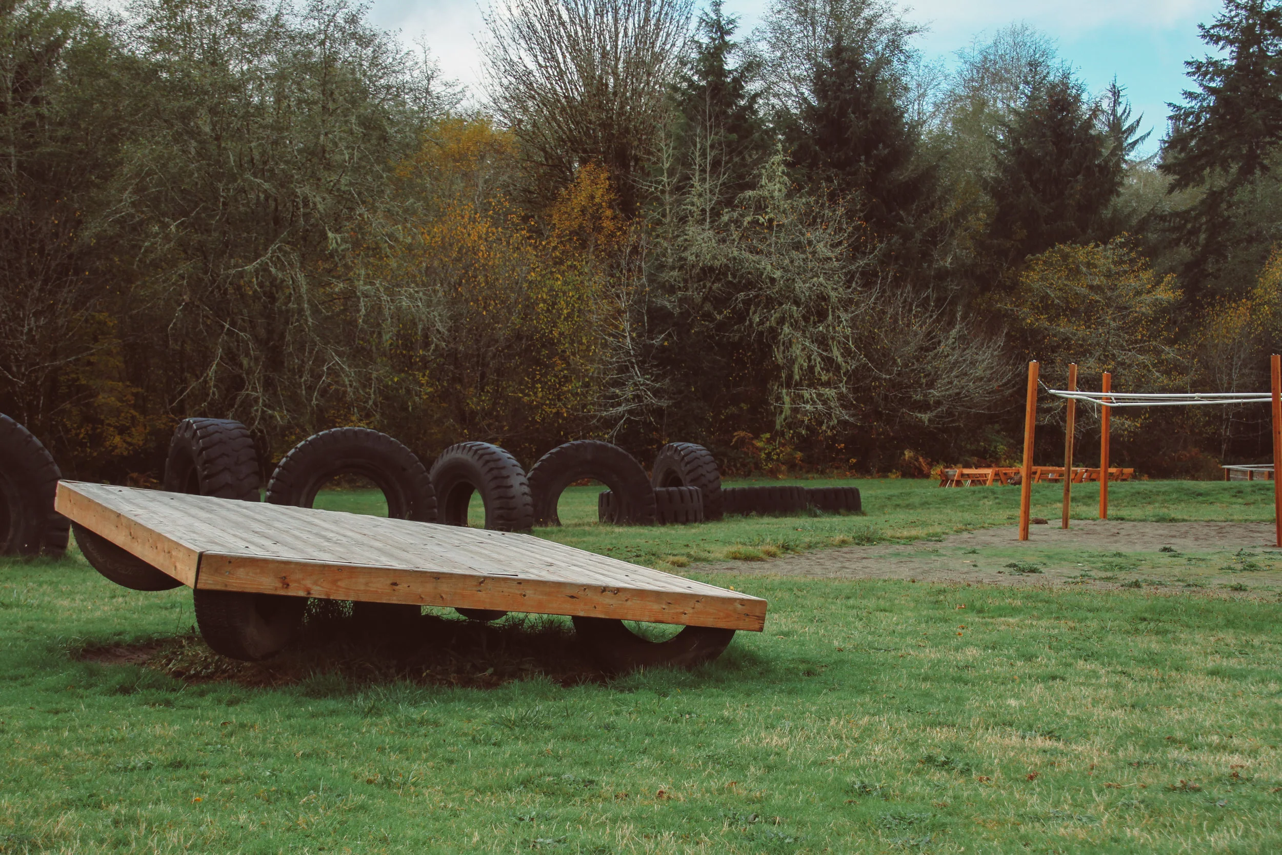 Our Play Area with an omni-totter, 9 square-in-the-air, a swing set, gaga ball and tires to play on
