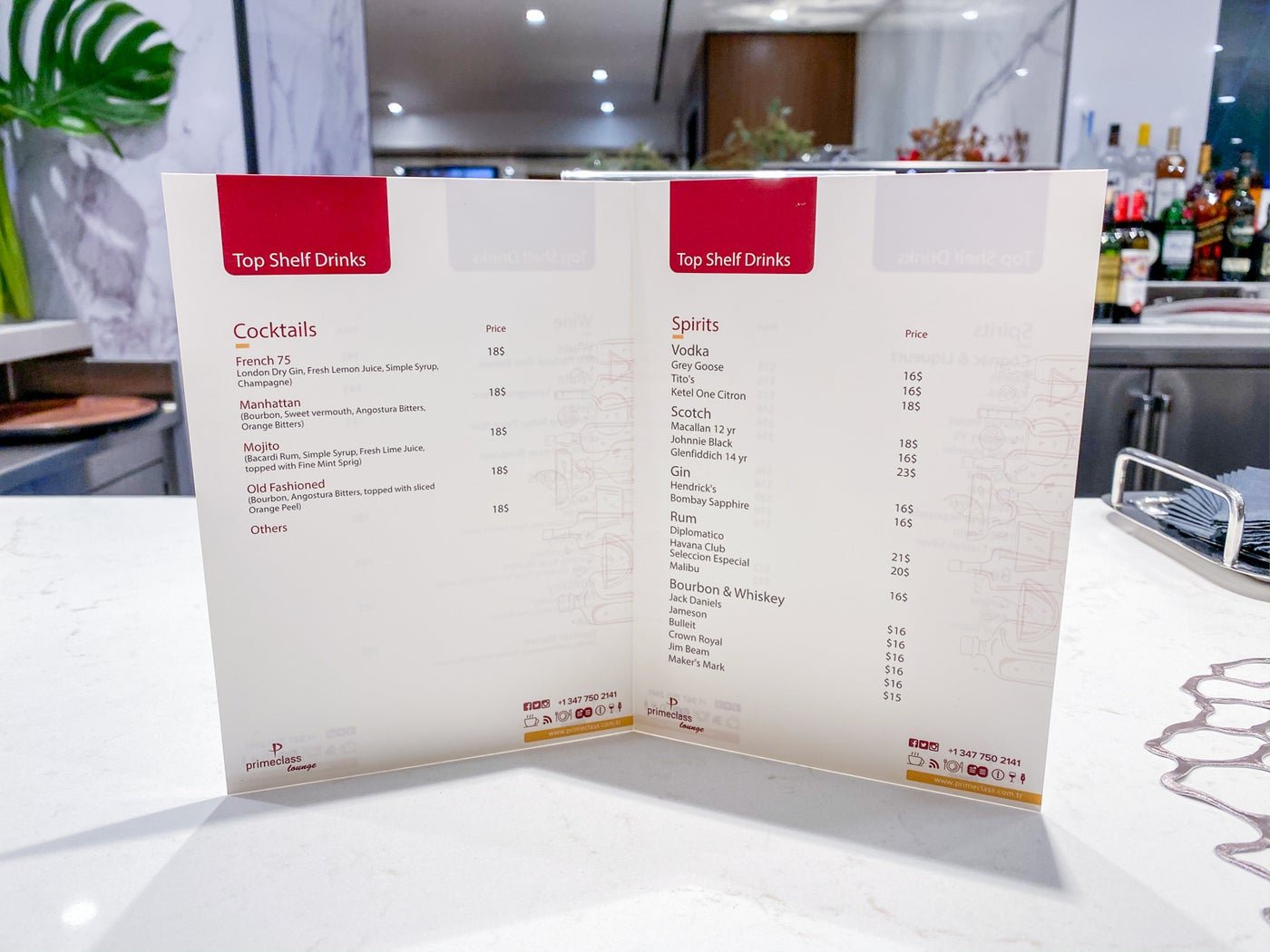 JFK Primeclass Lounge Paid Drinks Menu