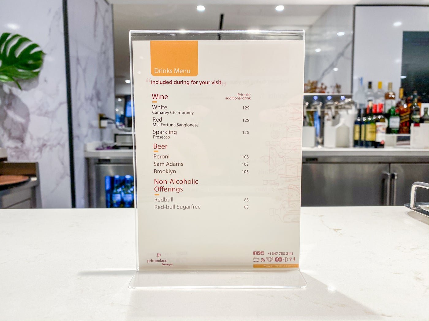JFK Primeclass Lounge Free Drinks Menu 1