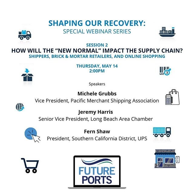 On May 14 join us for the next panel of speakers in our &quot;Shaping Our Recovery&quot; virtual panel series! Visit our website to register www.futureports.org