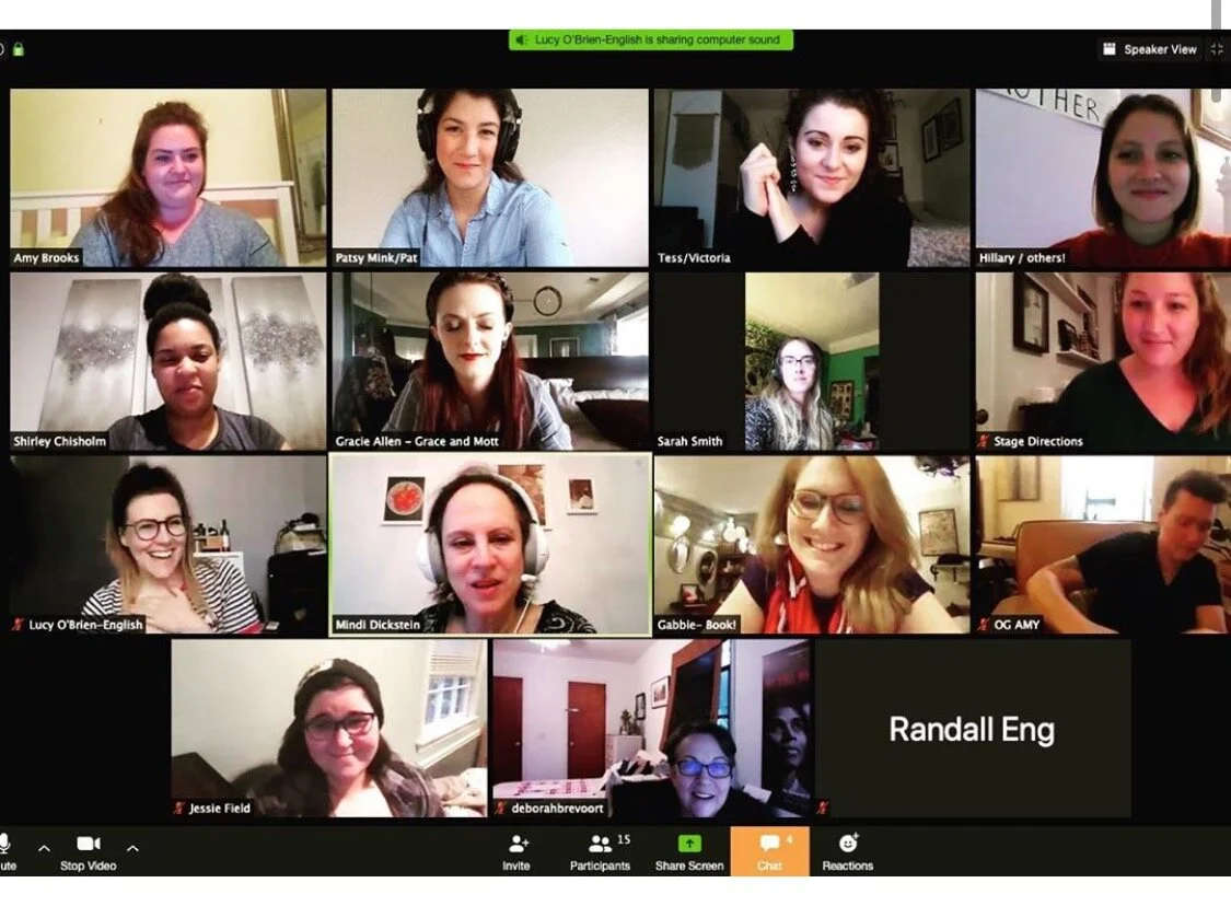 A screencap from our zoom table read, featuring all the wonderful women we had playing roles (from top L: Gillian Hassert, Lynne Shankel, Tess Primack, Nicole Tsahouras, Anastasia Dextrene, Katie Emerson, Sarah Smith, Ilana Topletz, me, Mindi Dickst…