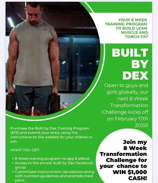 WANT TO WIN $1,000 CASH AND GET IN THE BEST SHAPE OF YOUR LIFE?💰💪🏽💰
I am starting my 8 week #BuiltByDex challenge on 17 FEB 2020 and the best transformation (muscle gain/fat loss) will WIN $1,000 cash! Click the link in my bio to find out more an