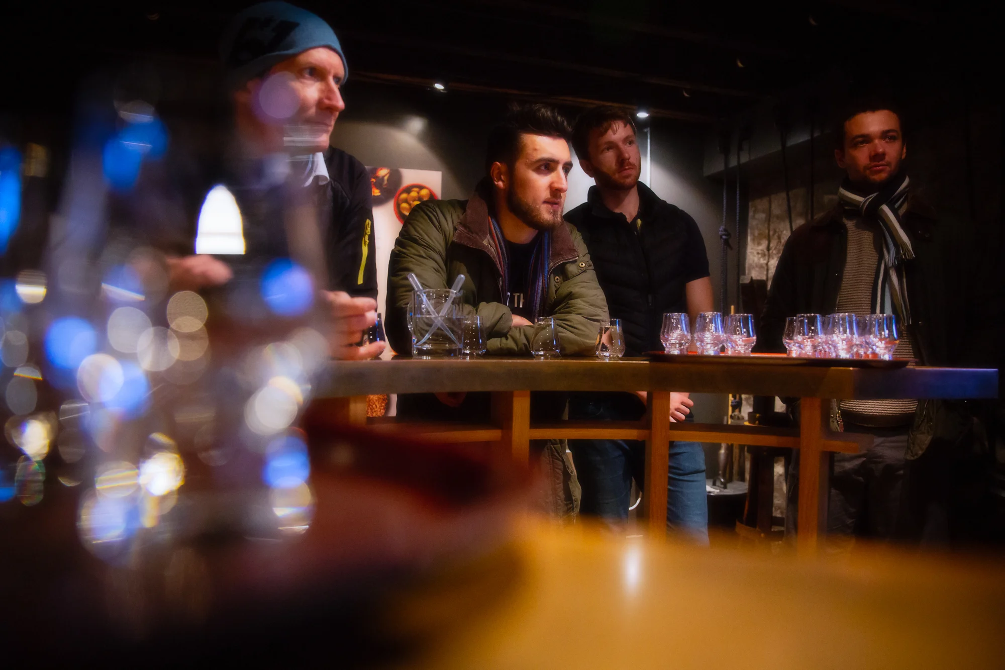 Tasting the golden spirit: Cam, Isaac, Jack and Ben discovering the different tastes and flavours of this award-winning whisky. They chose a special bottle to stowaway on Ellida for the crossing.