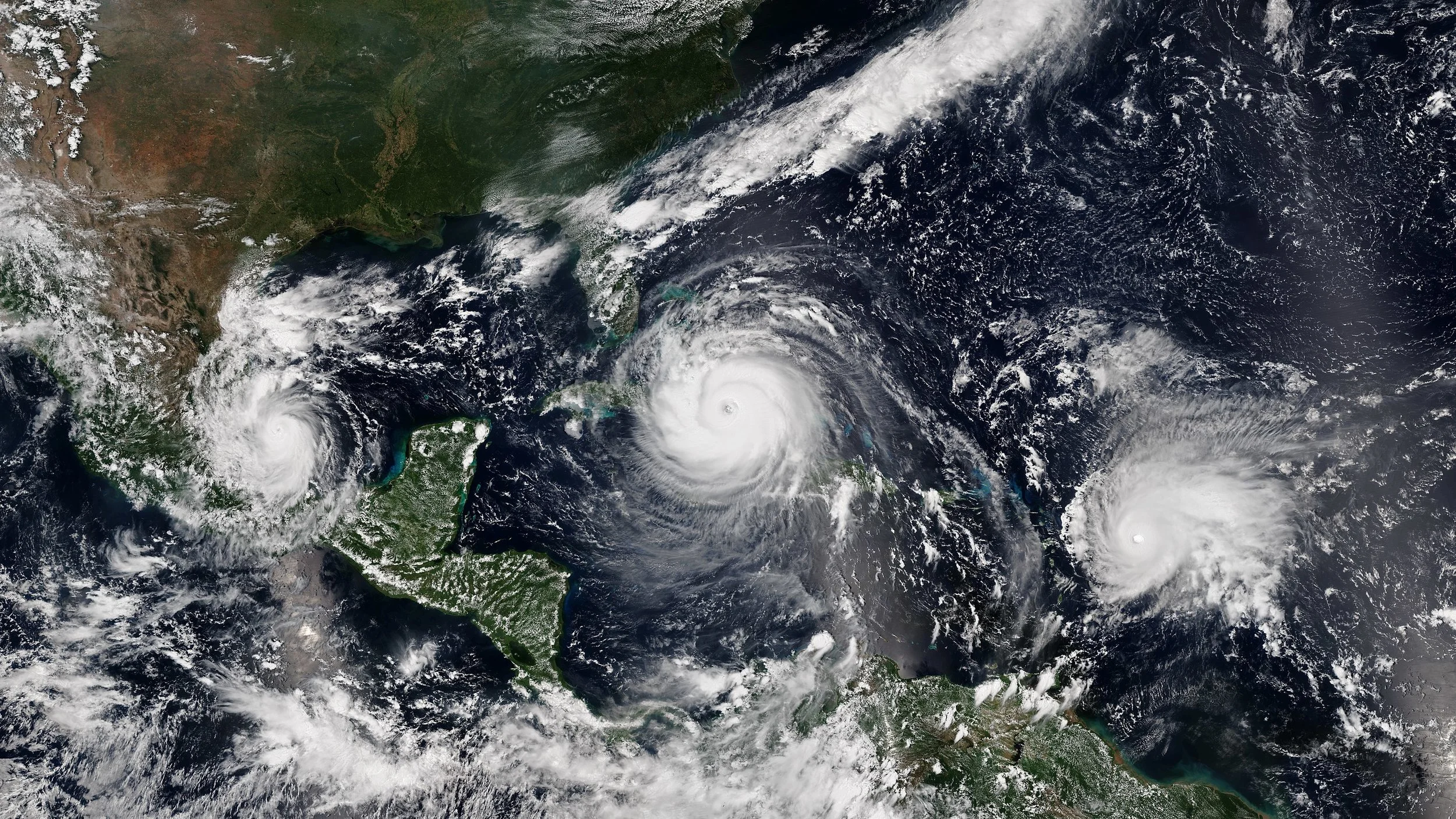 Satellite image of three active hurricanes Katia , Irma and Jose threatening land simultaneously on 8 September 2017