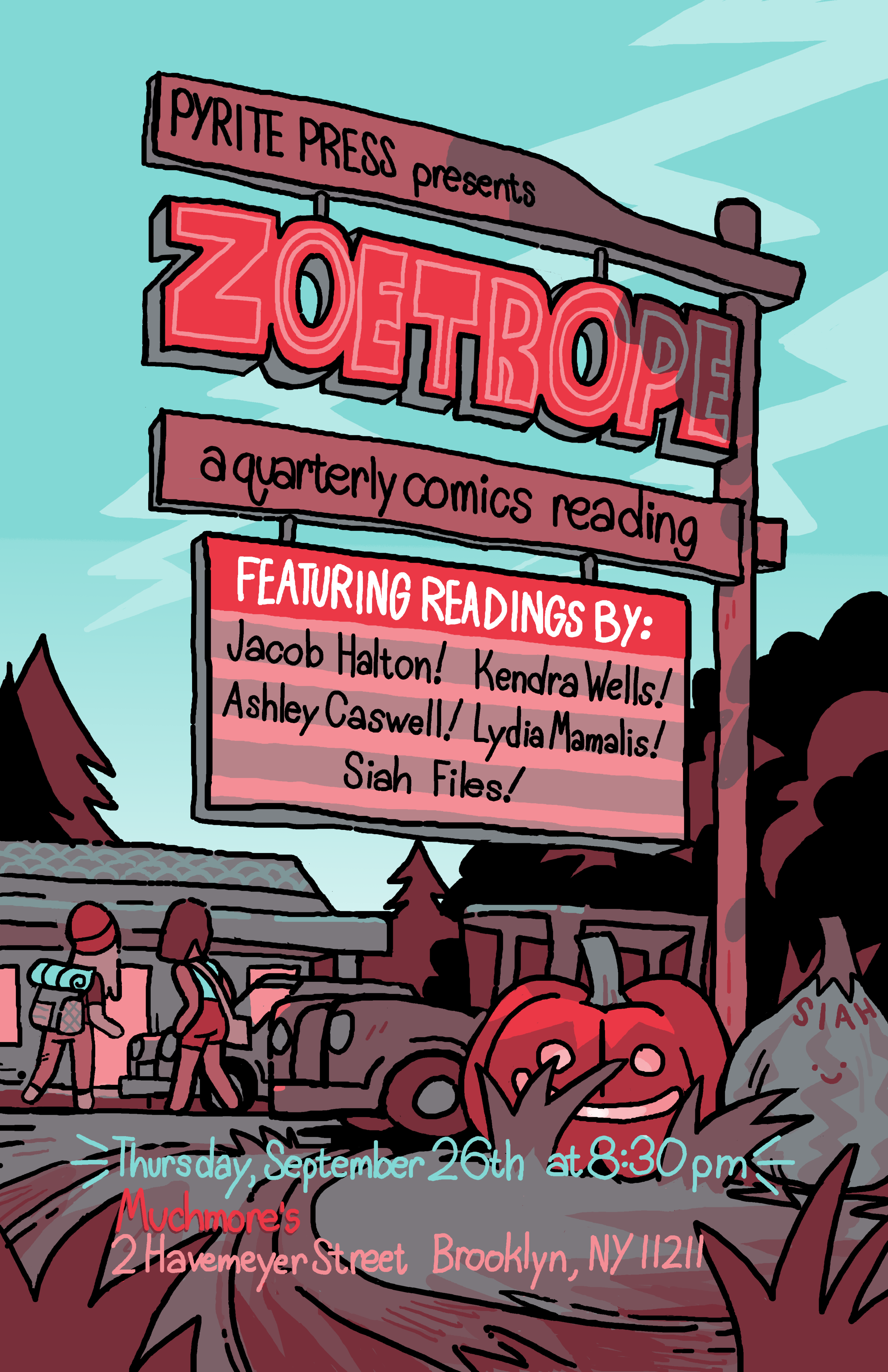 Poster for Pyrite Press’s Zoetrope comics reading, 2019, AD Bryce Gold