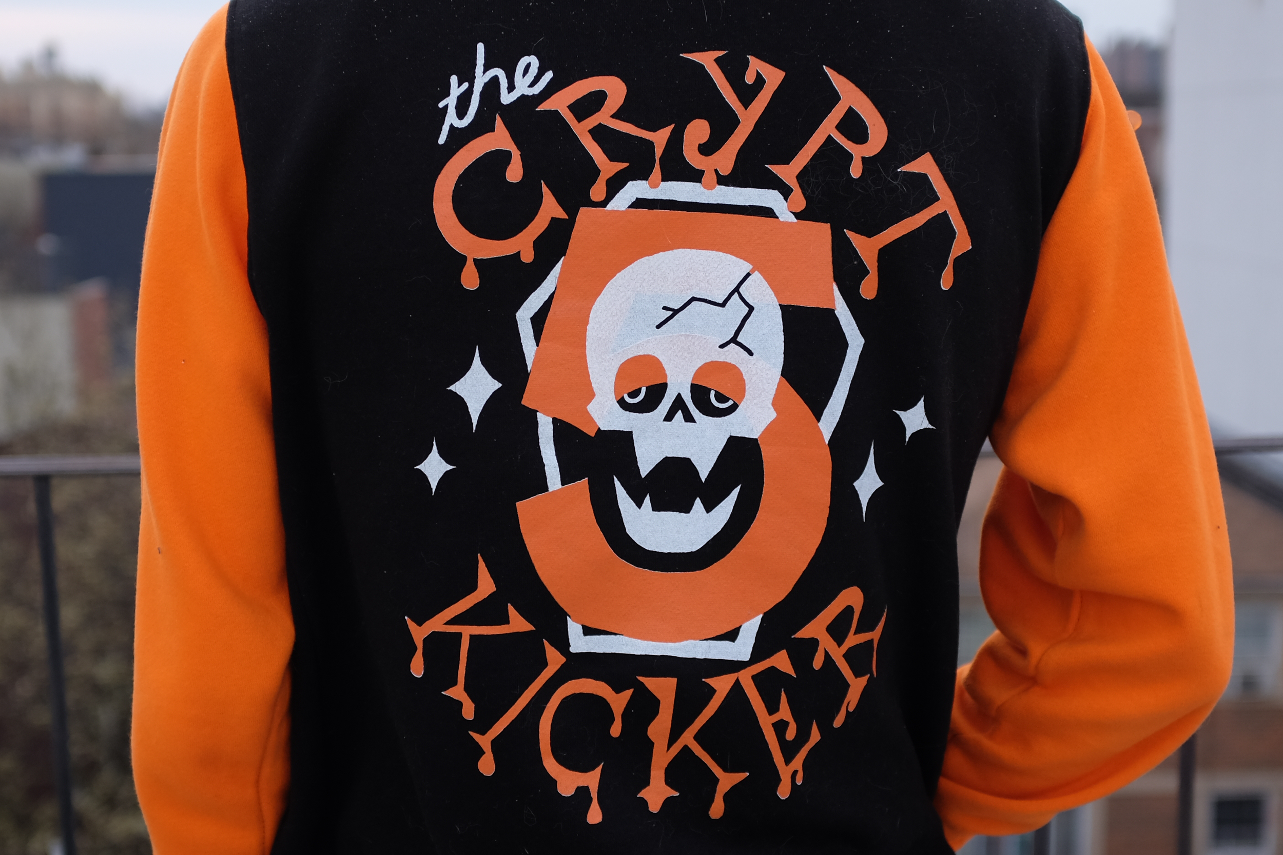 Jacket designed for Monster Mash themed Halloween party, screen printed in 2 colors in October 2019.