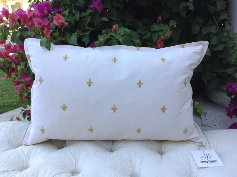 Designer Embroidered French Fleur De Lis Gold &amp; Cream Decorative Pillow - $85