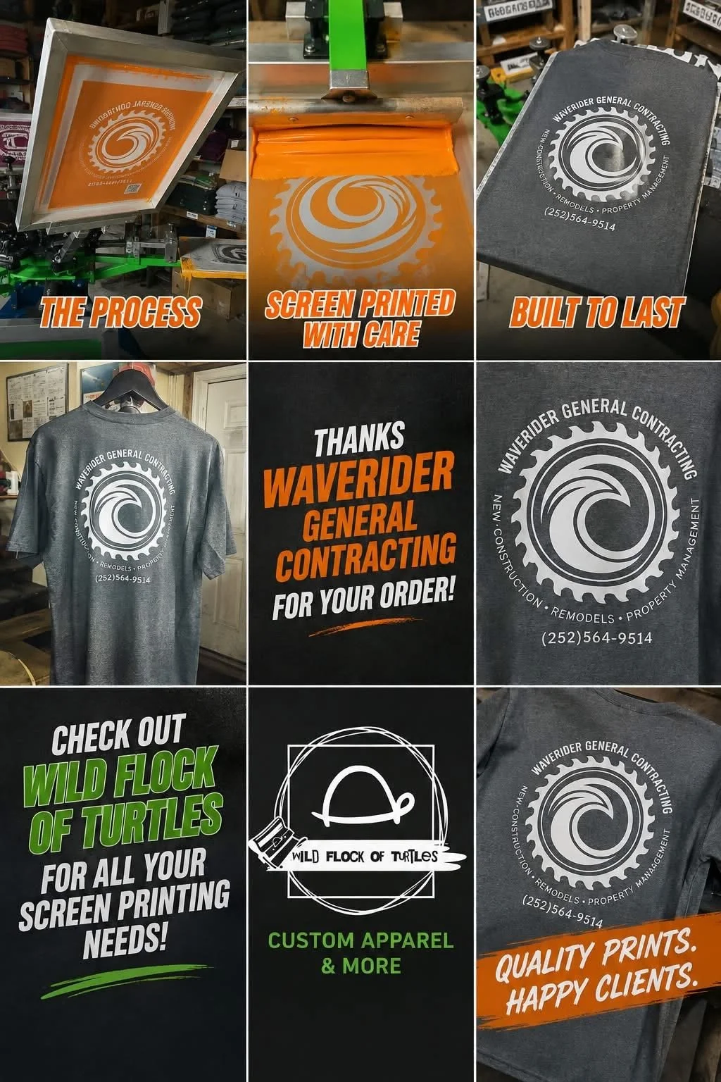 A collage showing the printing process and finished products for a company called Waverider General Contracting. It includes images of screen printing equipment, printed t-shirts with the company's logo, and promotional signs.