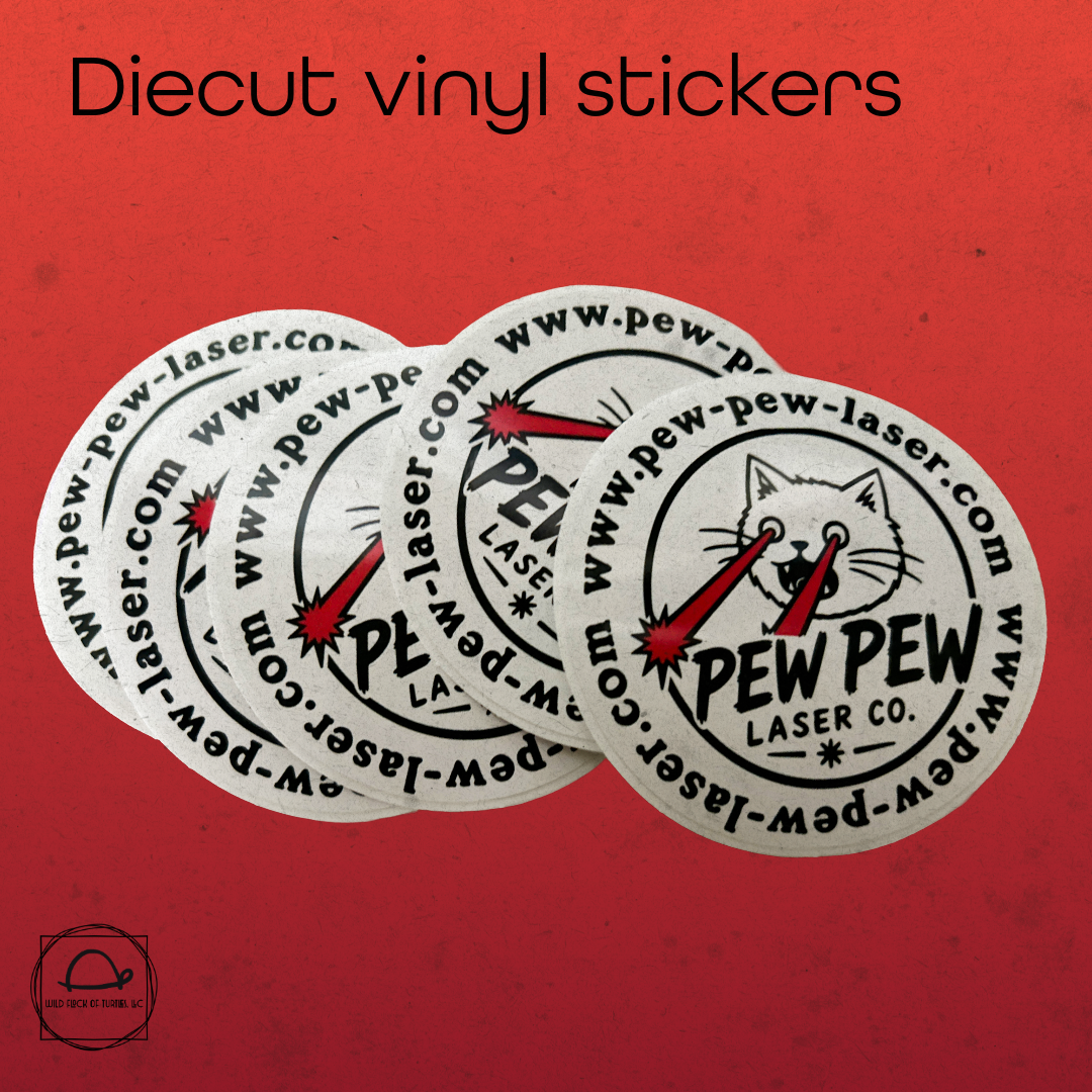 A package of die-cut vinyl stickers featuring Pew Pew Laser Co. logo with a cartoon cat and a laser aiming from a pointing hand, set against a red background.