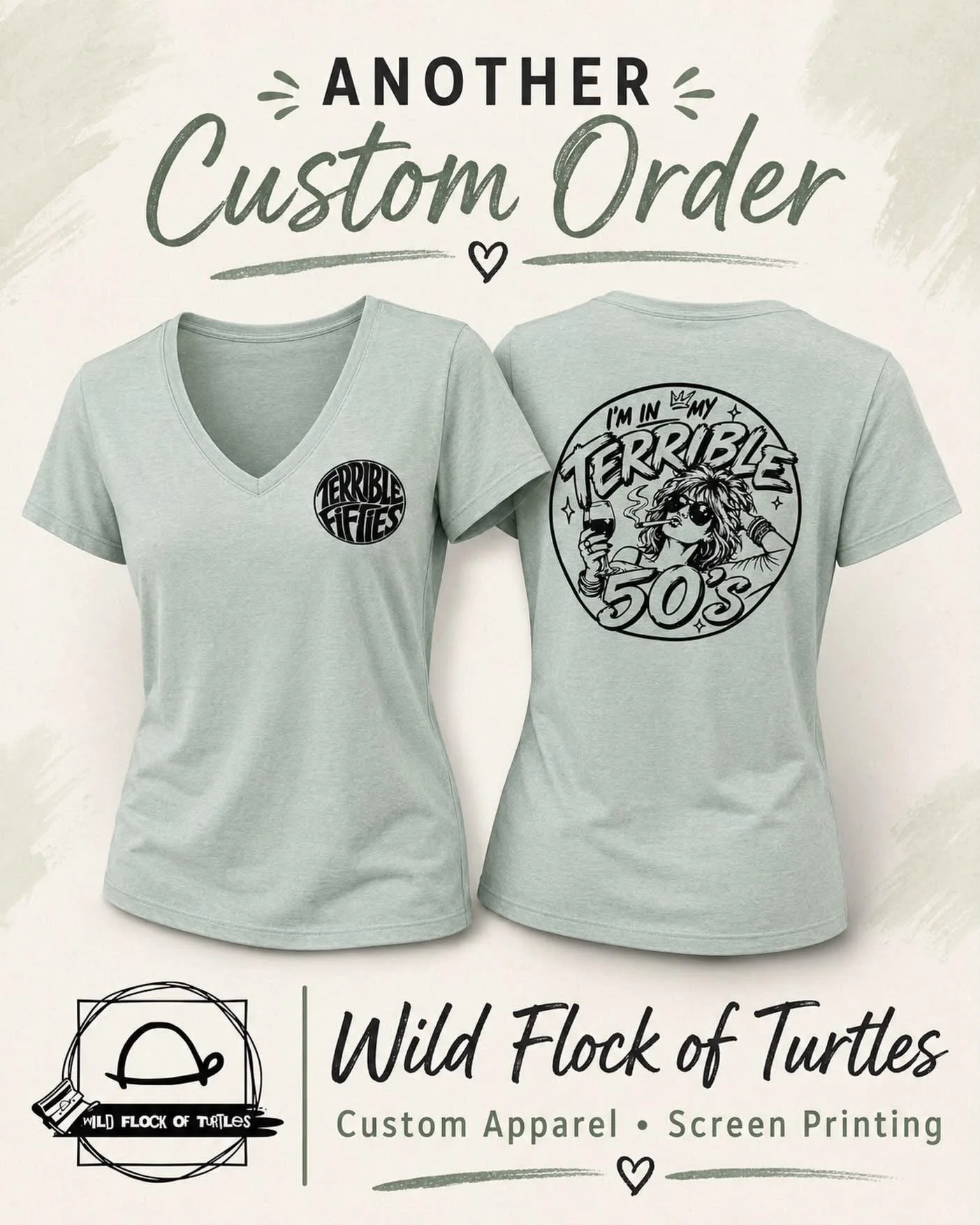 Two light gray T-shirts with custom printed designs, one with a small circular logo on the front left chest and the other with a larger graphic on the back featuring a woman with wild hair and sunglasses, holding a wine glass, with the text "I'm in m