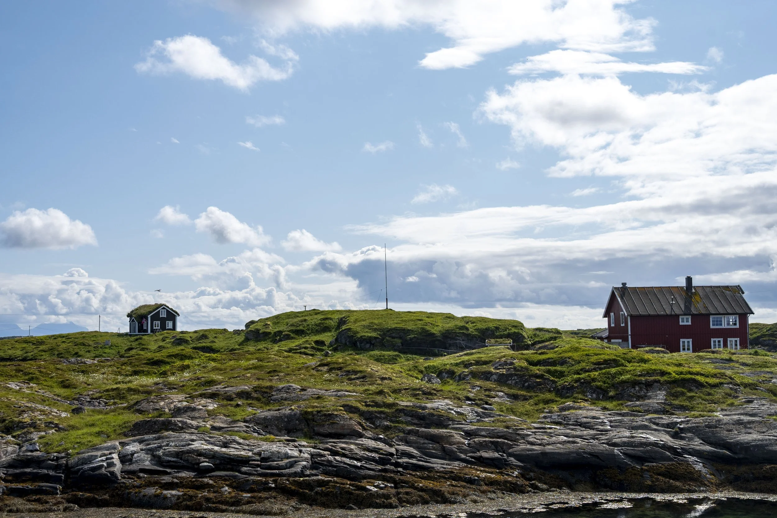 Et landskap med to hus, ett svart og ett rødt, på en grønngresskledd åsside under en blå himmel med spitter og sky.