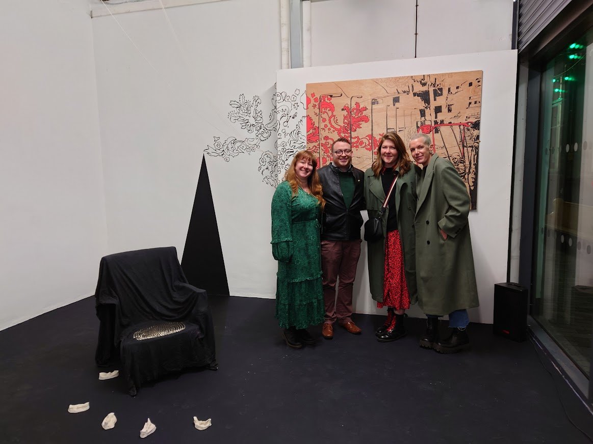 at the closing night of Ogham exhibition in Catalyst with artists Rachel Macmanus, Stephanie Tanney and curator Jen Alexander